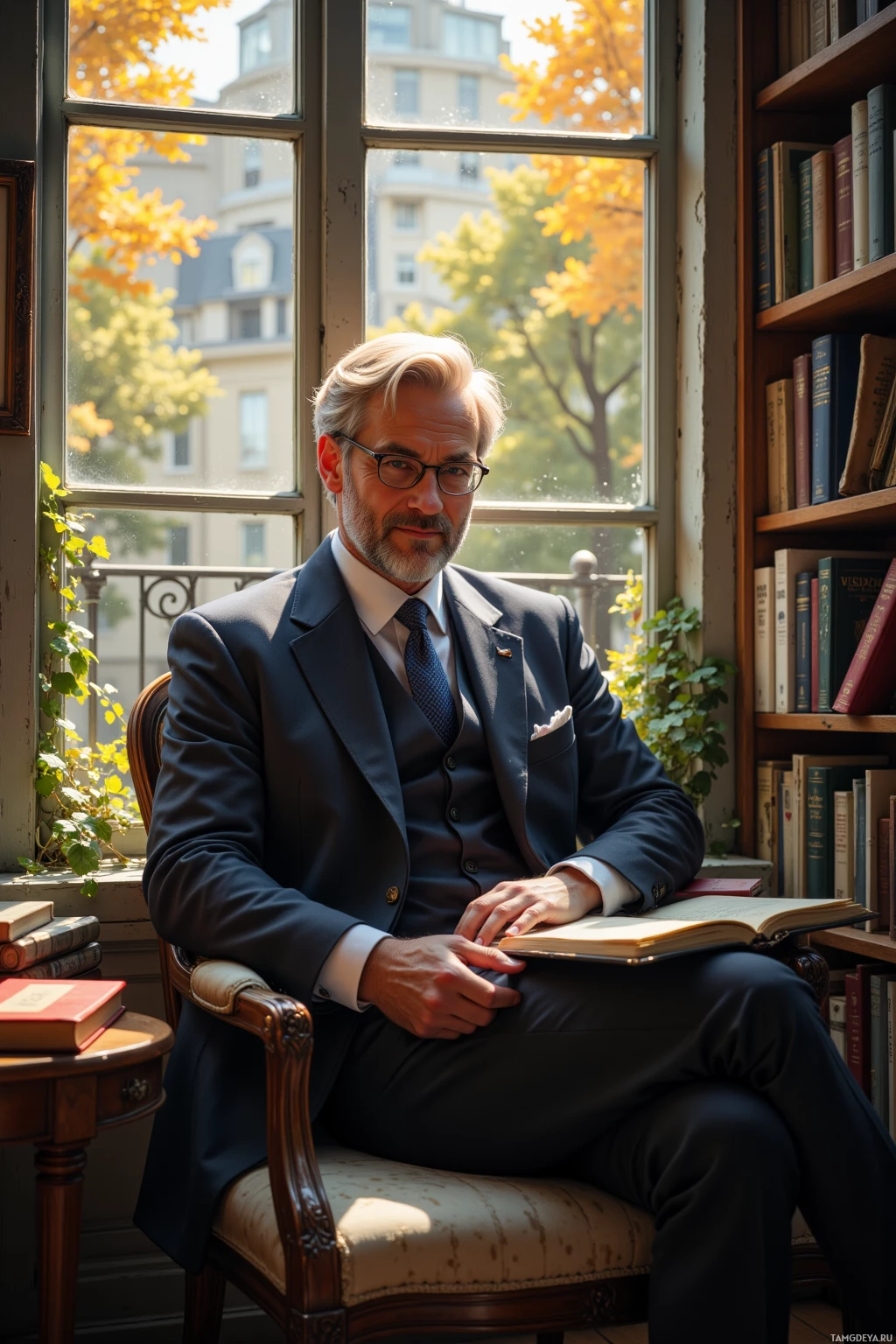 A man in a suit sits in a chair by a window, surrounded by books.