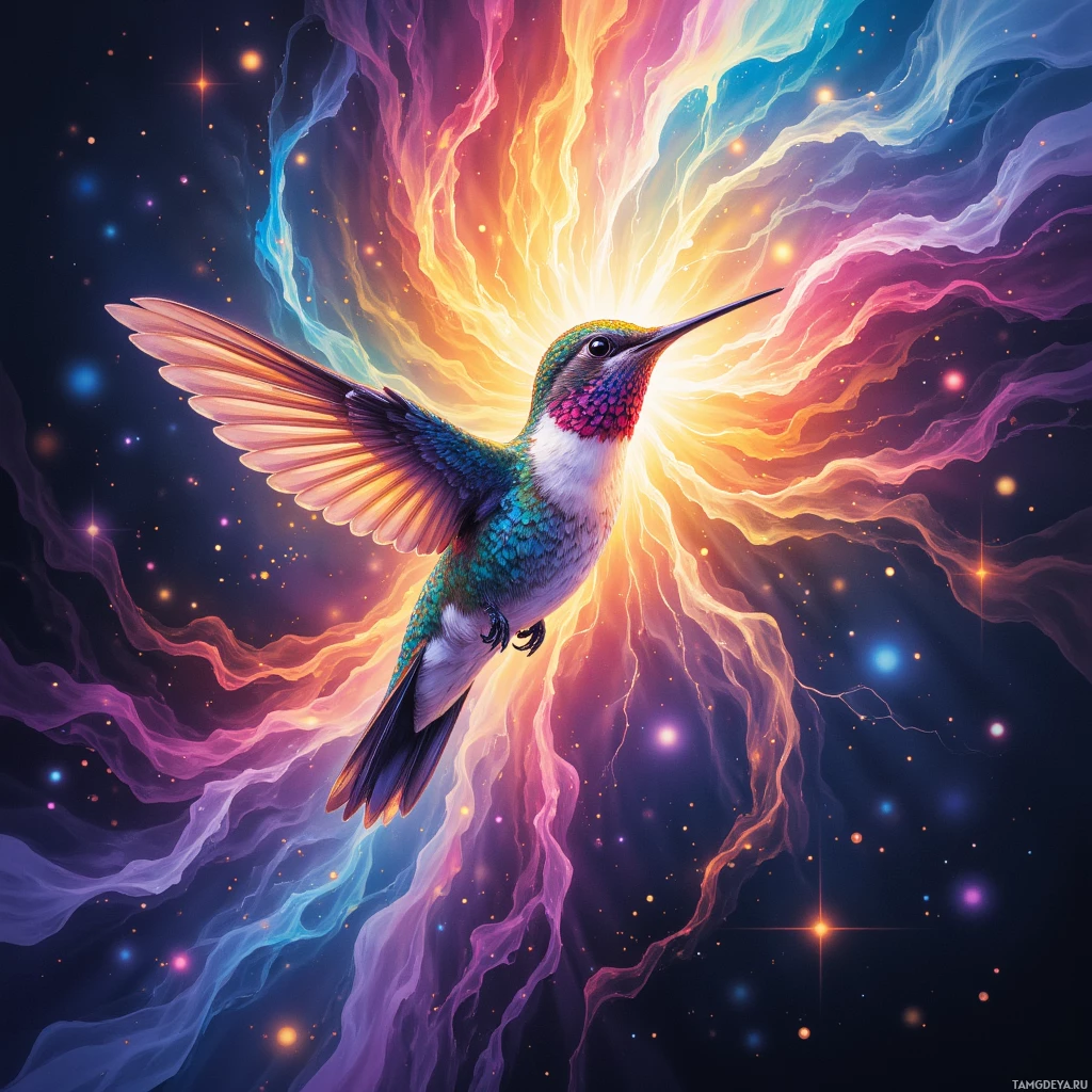 A vibrant hummingbird soars amidst a cosmic, ethereal background of swirling colors and glowing particles.