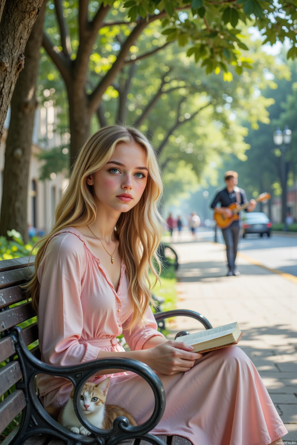 A young woman in a pink dress sits on a bench reading a book, with a cat resting on her lap.