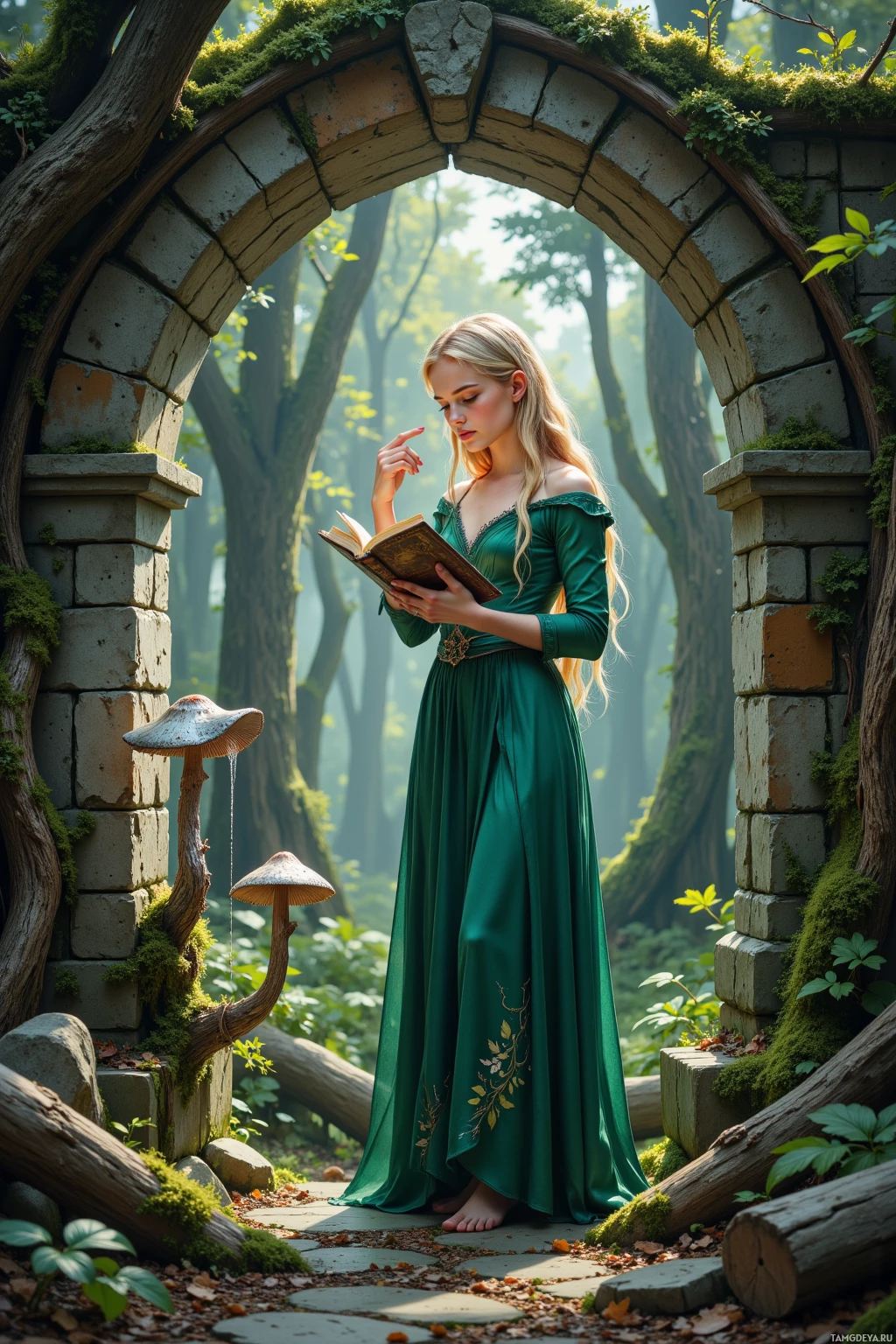 A woman in a green dress reads a book under a stone archway in a forest.