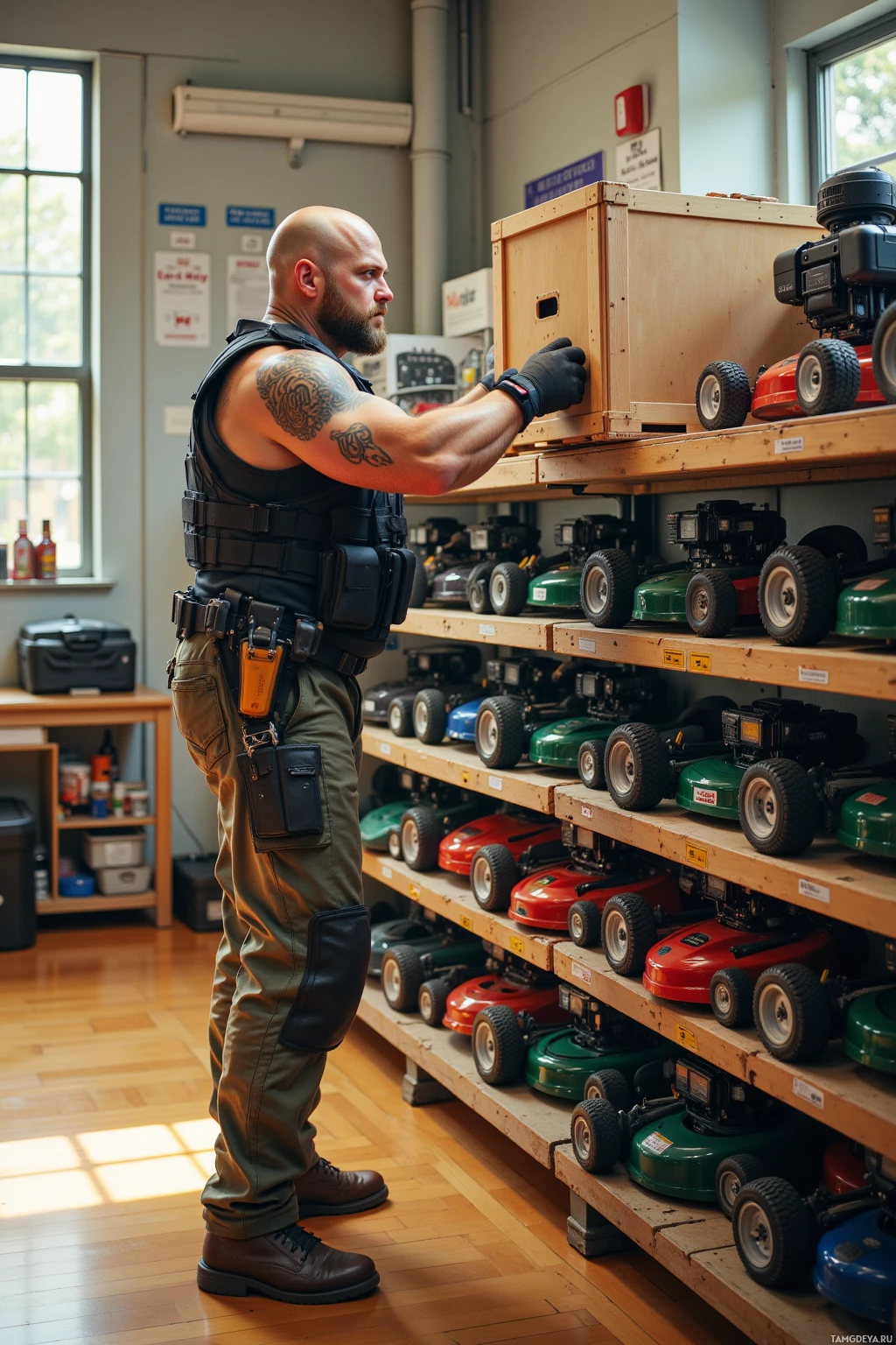 A man in tactical gear is inspecting a shelf of lawn mowers in a workshop.