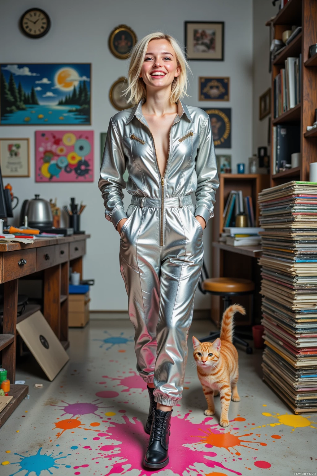 A person in a shiny silver jumpsuit stands in a room with a cat and colorful paint splatters on the floor.
