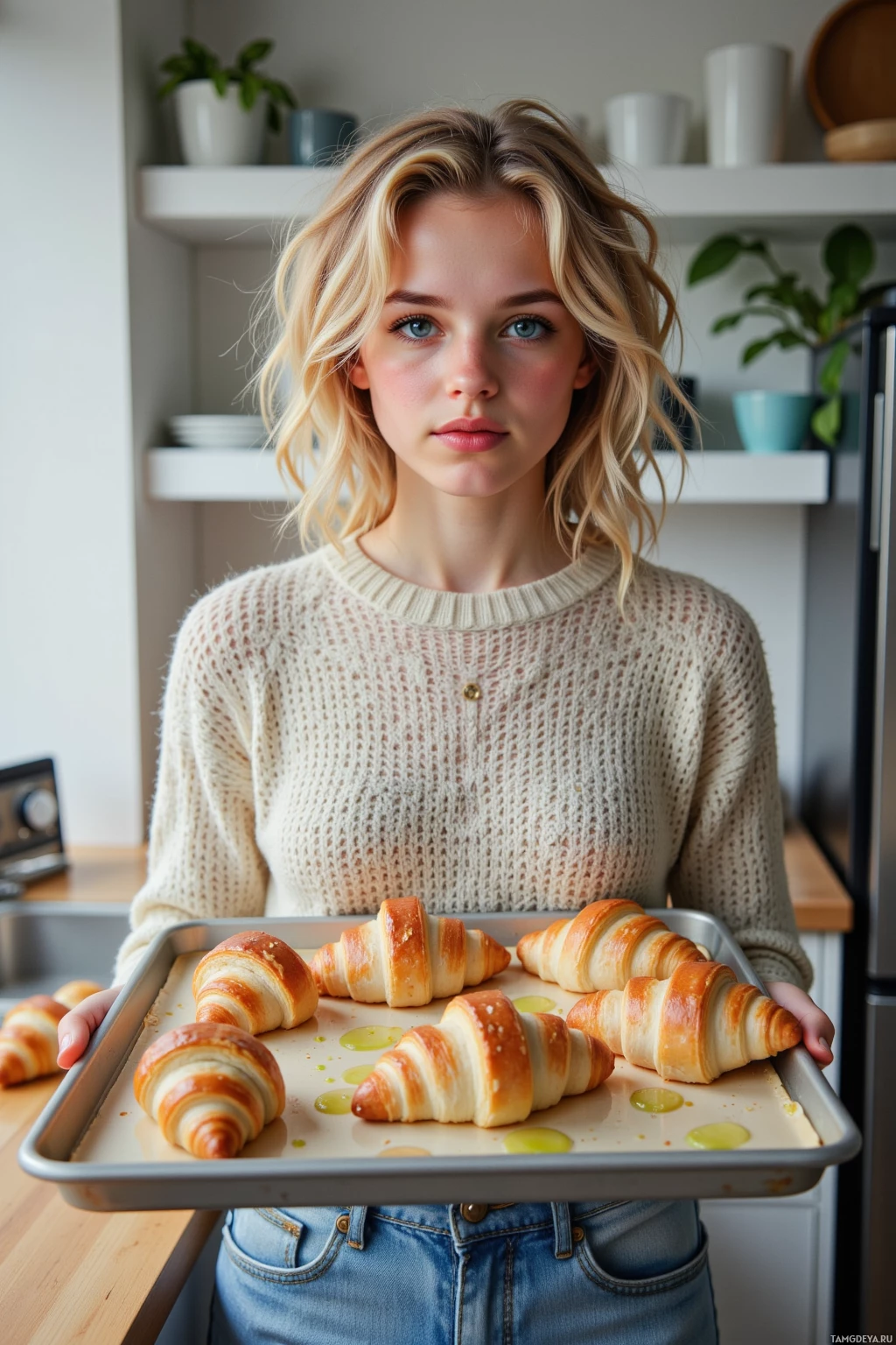 A person holds a tray of freshly baked croissants in a kitchen setting.