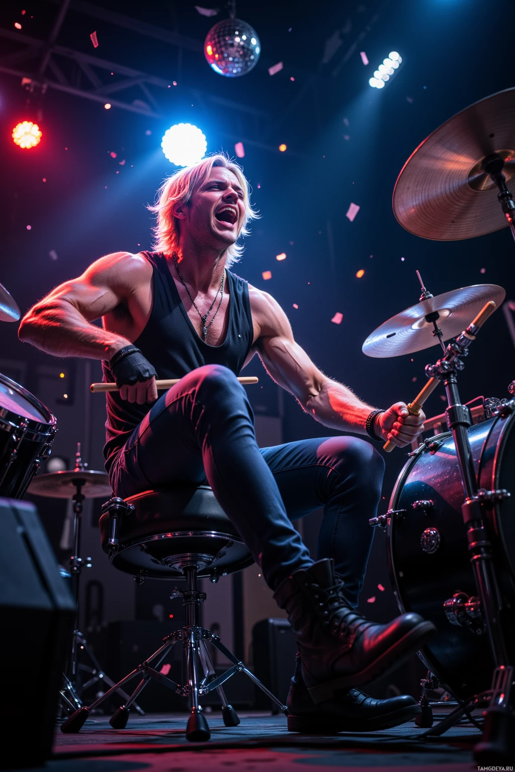 A muscular drummer in a black tank top and jeans is performing on stage with a drum set and colorful stage lights.