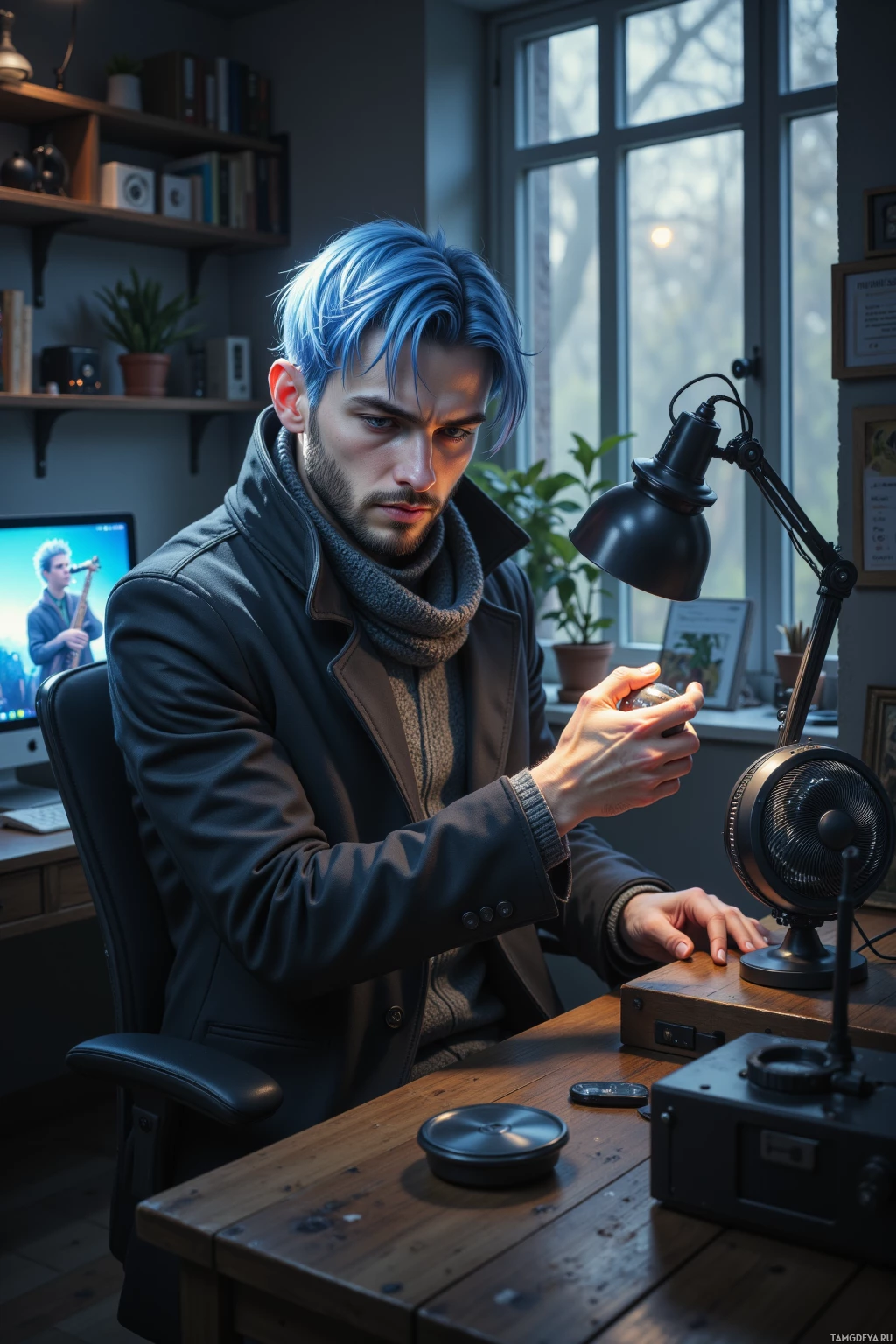 A man with blue hair sits at a desk, holding a small object in his hands.