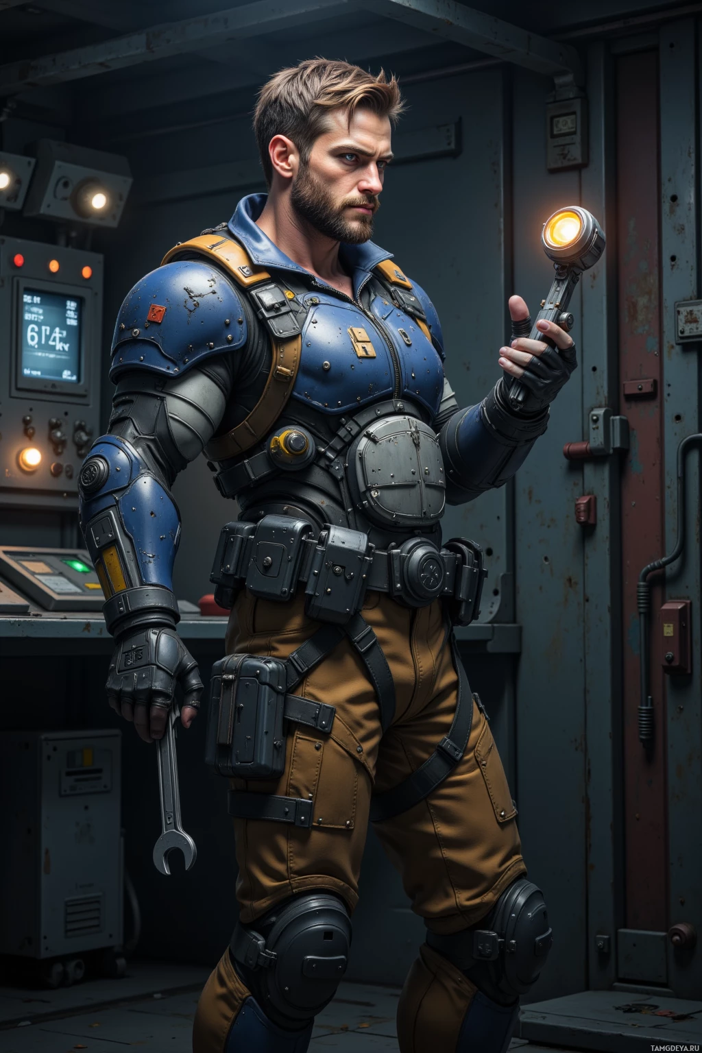 A person in a futuristic, armored suit holding a tool in a dimly lit industrial setting.