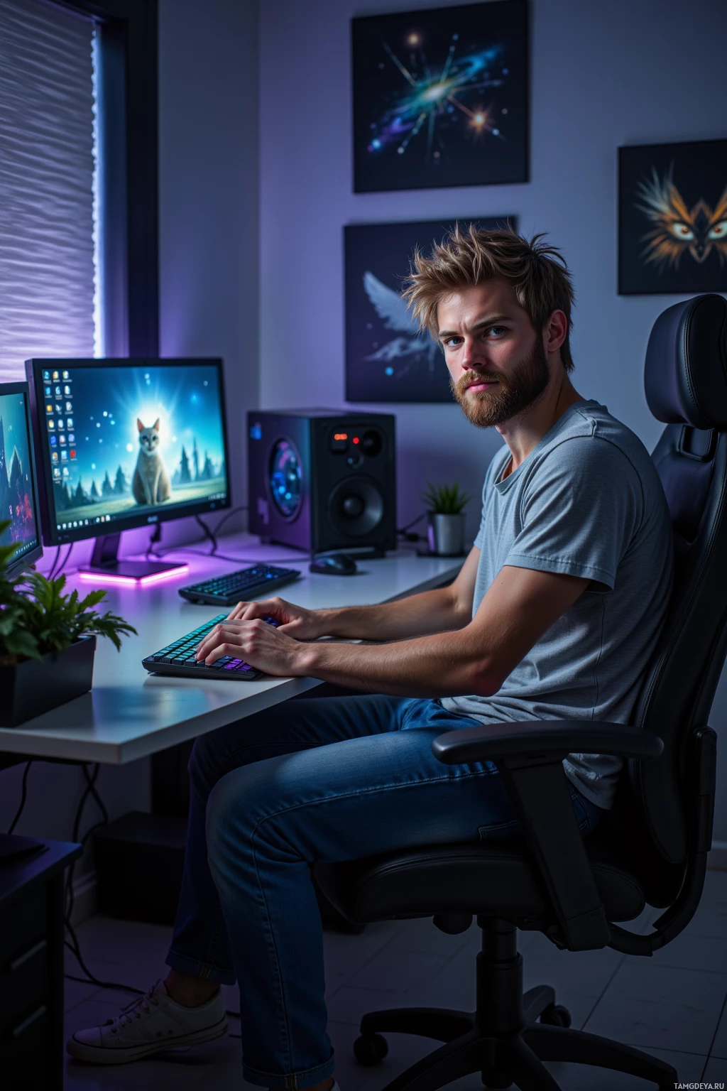 A person sits at a desk in a dimly lit room, working on a computer with a colorful desktop background.