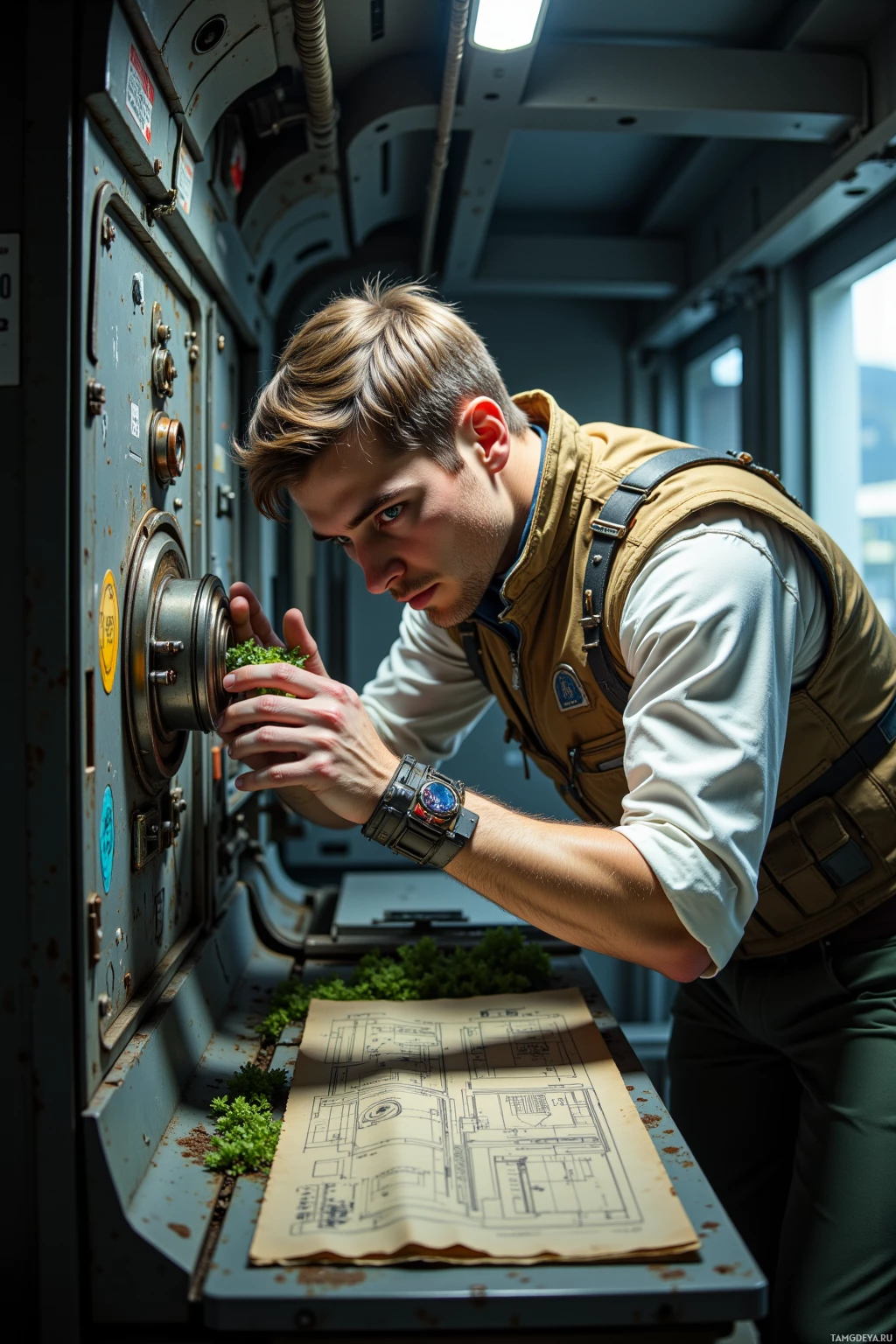 A man in a vest leans over a table with a blueprint and small plants, examining a control panel.