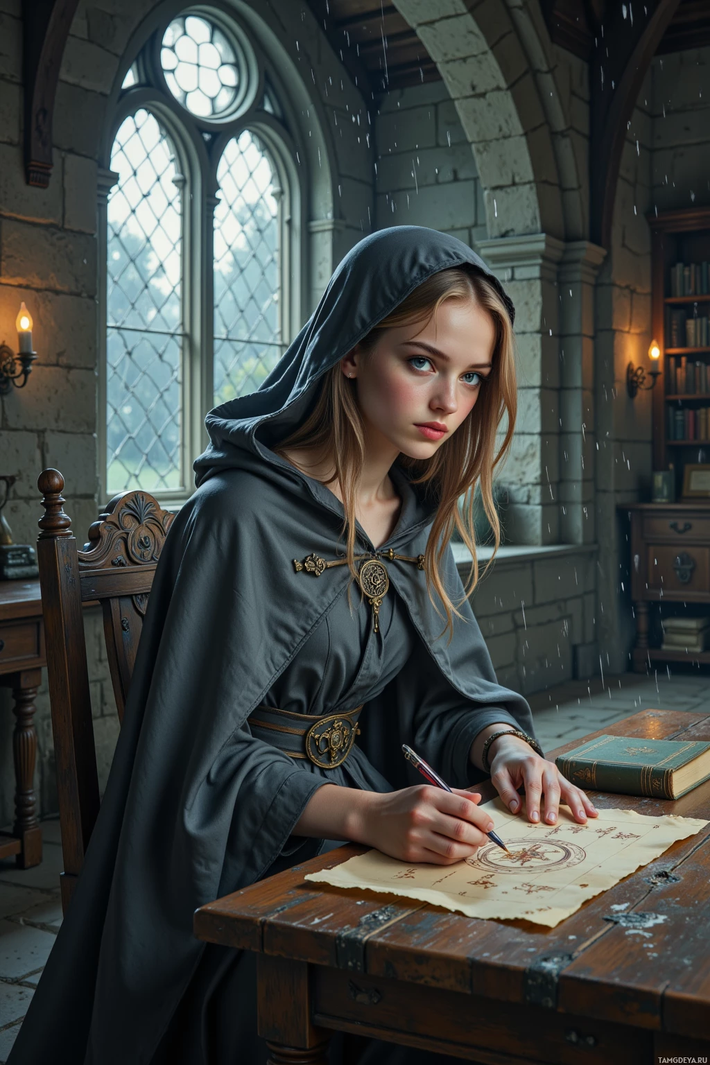 A person in a hooded cloak sits at a table, writing on parchment in a dimly lit room with arched windows.