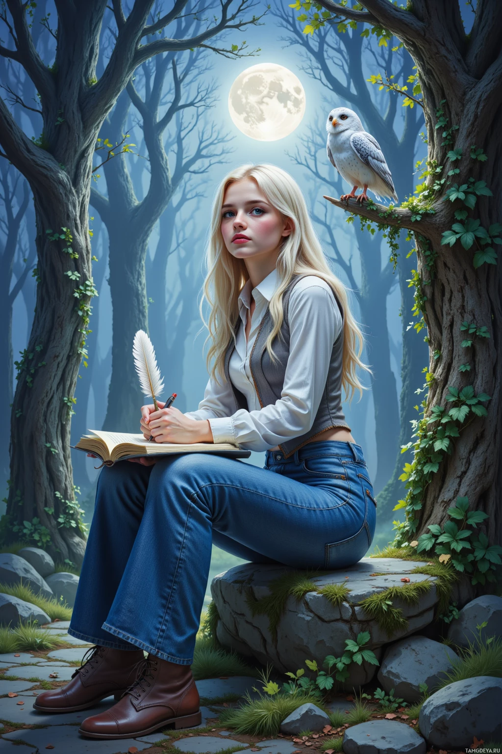 A young woman sits in a forest, writing in a notebook with a quill, accompanied by an owl perched on a branch.