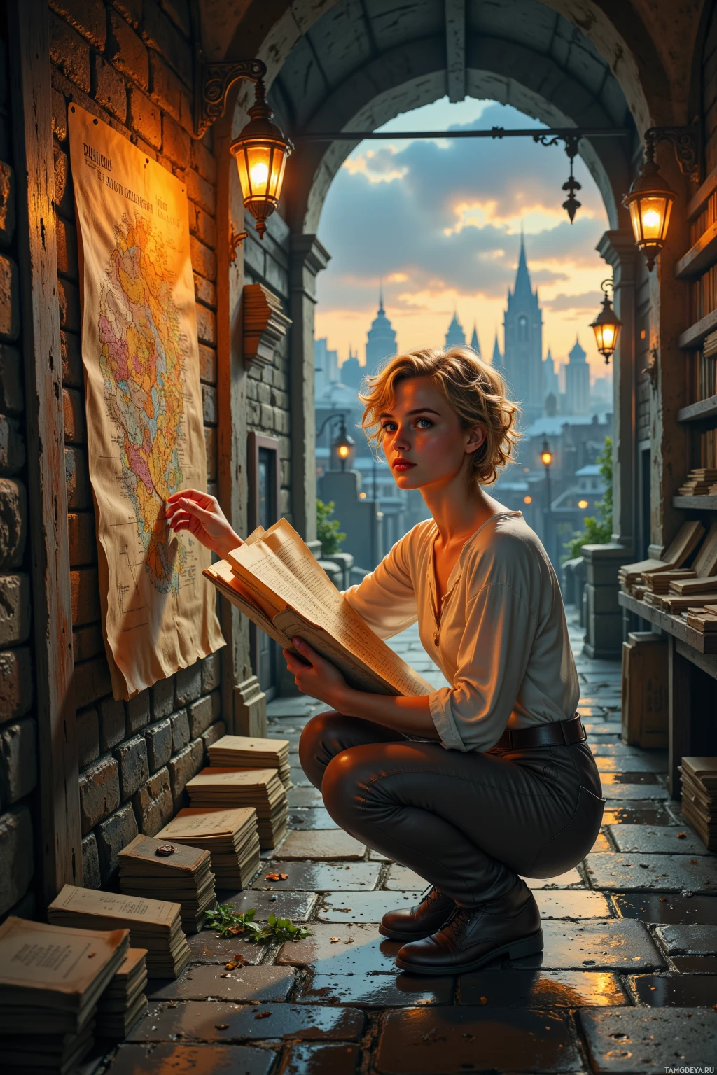 A woman crouches by a wall, reading a book with a map and stacks of papers nearby.