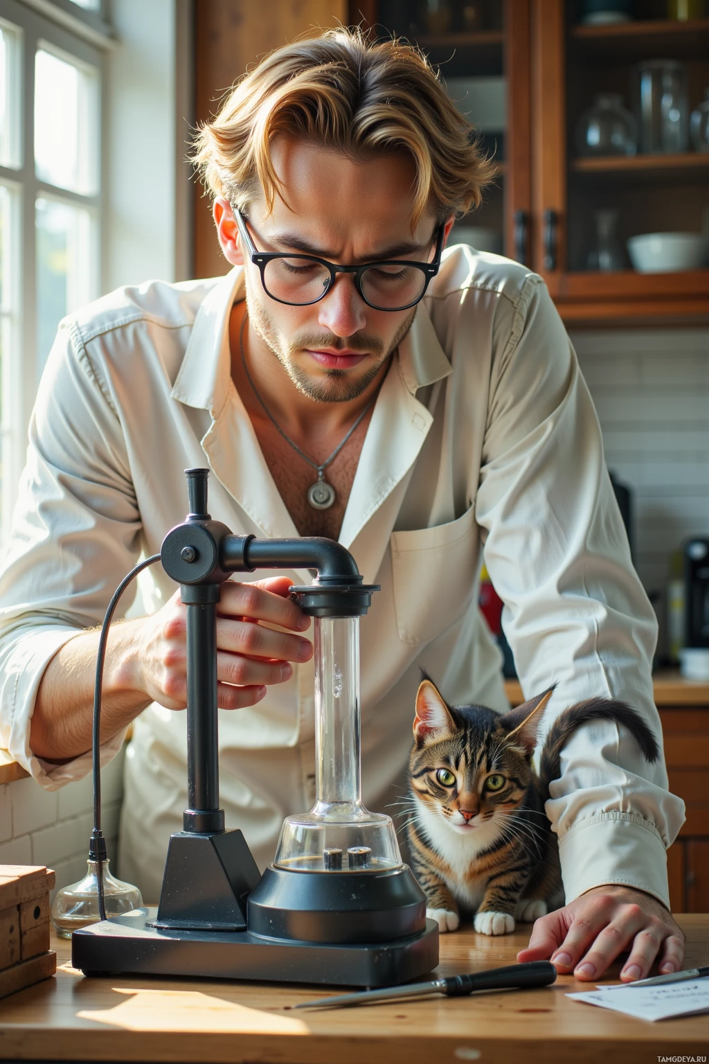 A man in a lab coat examines a scientific apparatus with a cat sitting nearby.