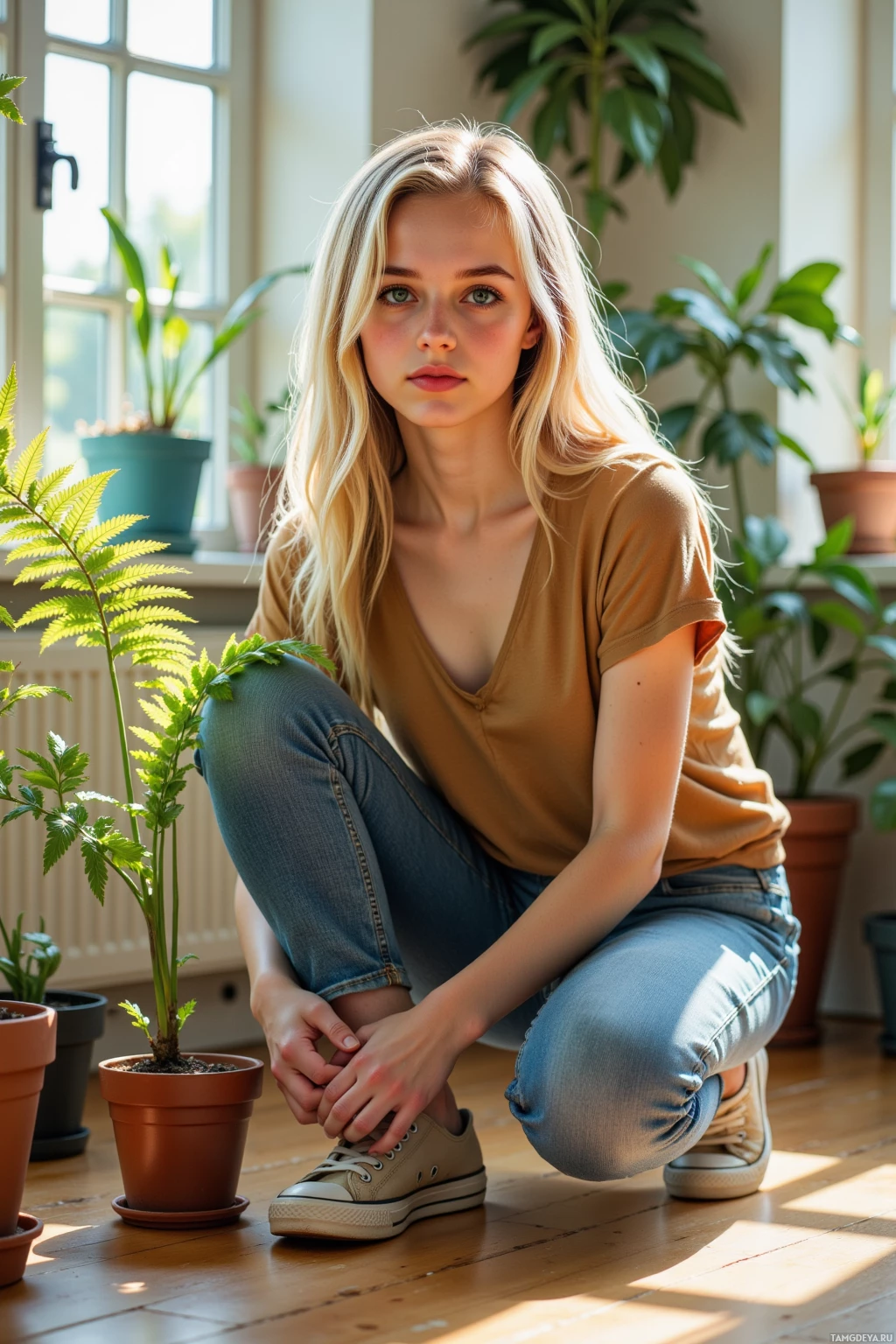 A person in a casual outfit is crouching near potted plants indoors.