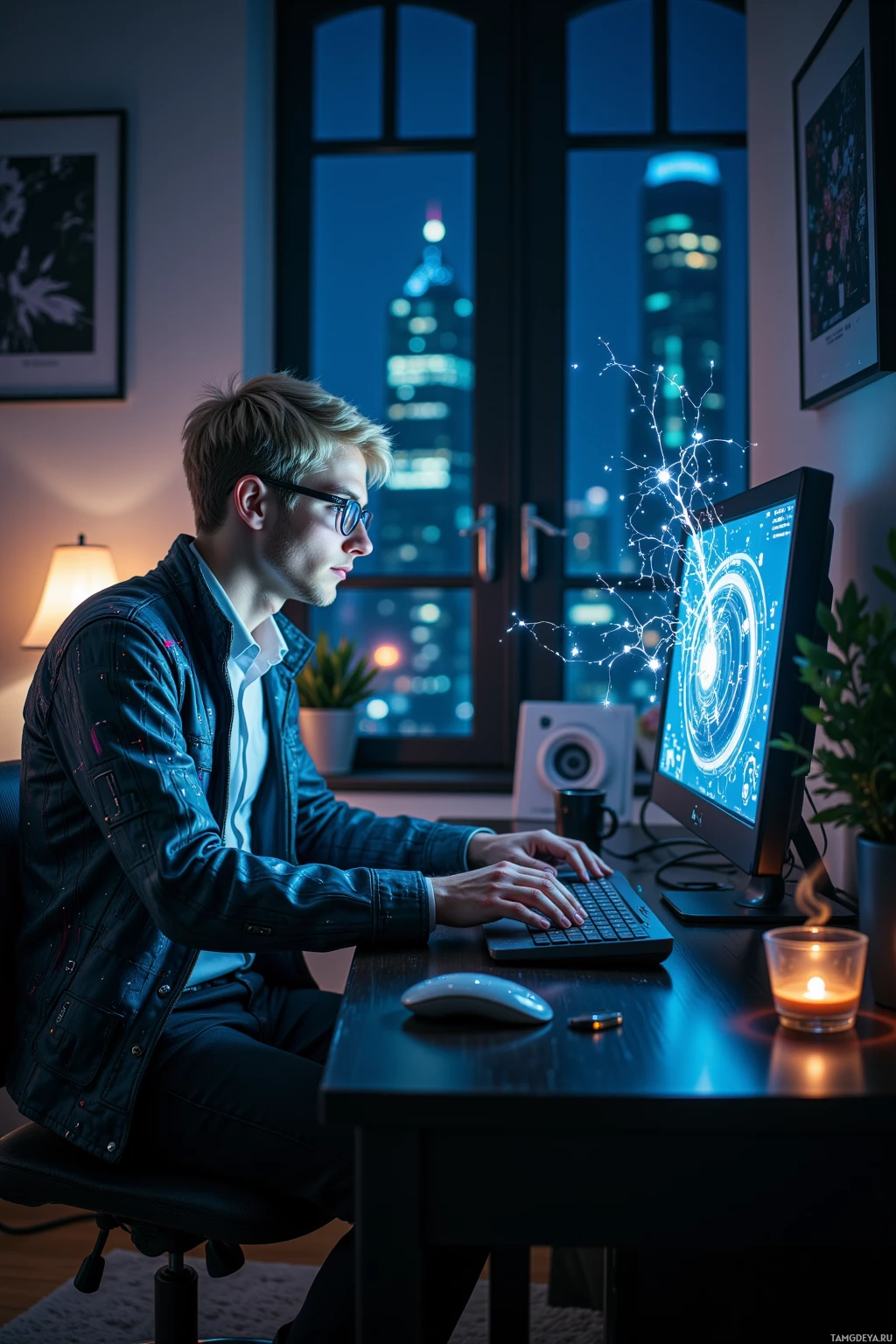 A person works at a desk with a computer, illuminated by a cityscape view through the window.