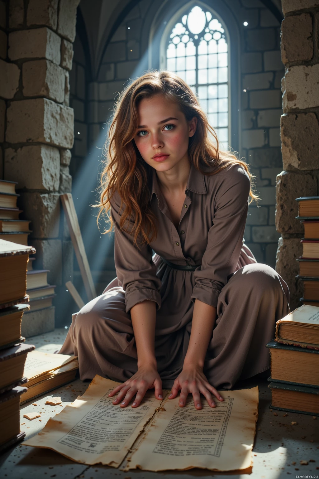 A young woman sits on the floor surrounded by books, with a stained paper in front of her.