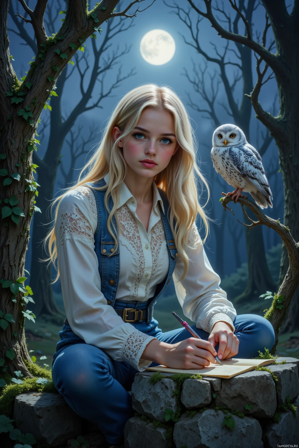 A young woman with long blonde hair sits in a forest, writing in a notebook with an owl perched on a branch beside her.