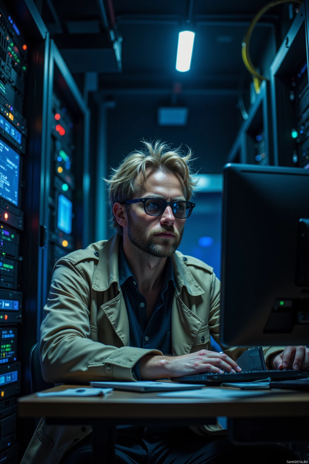 A man in a beige jacket works at a computer in a dimly lit control room.