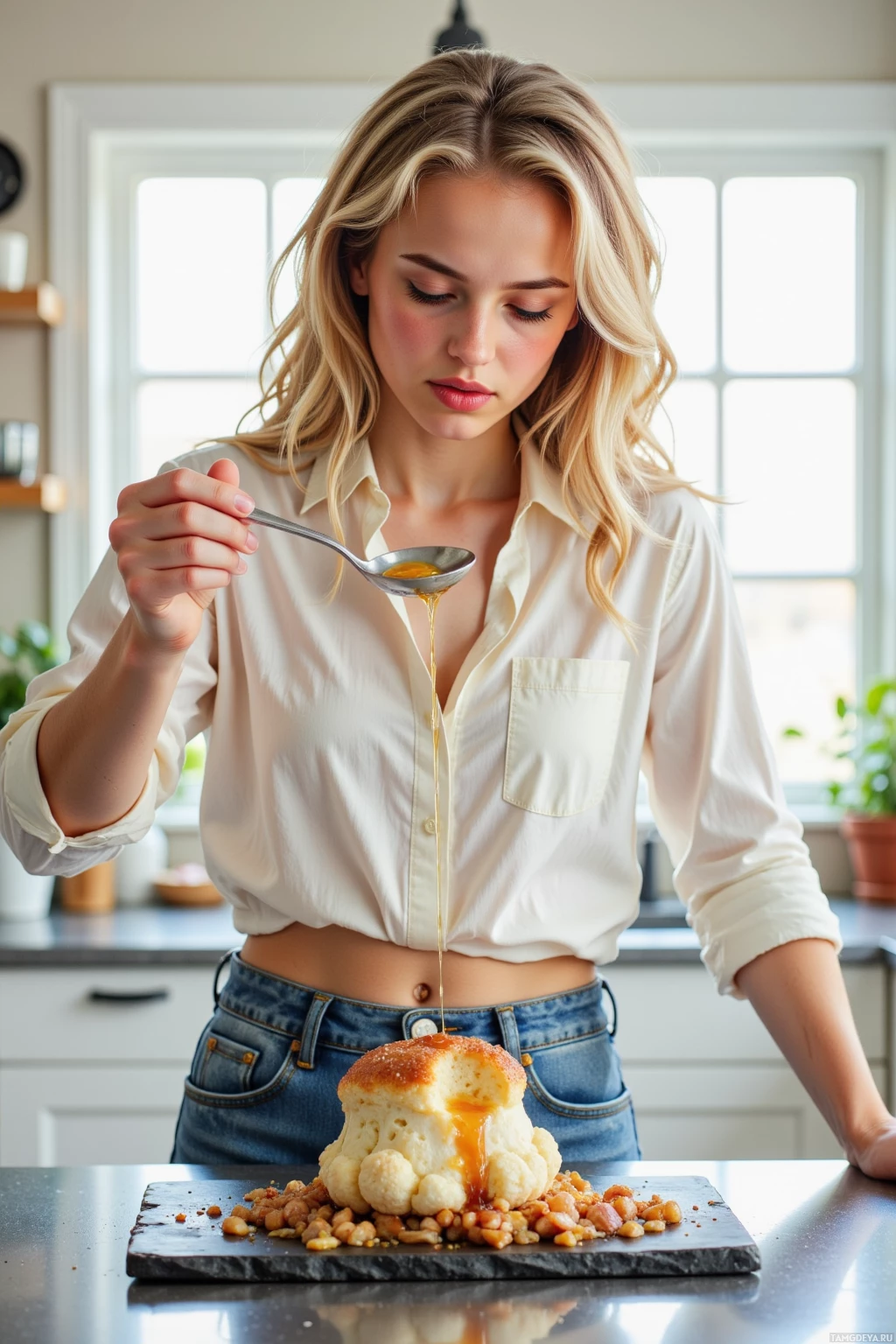 A woman pours a golden liquid over a cauliflower dish in a kitchen setting.