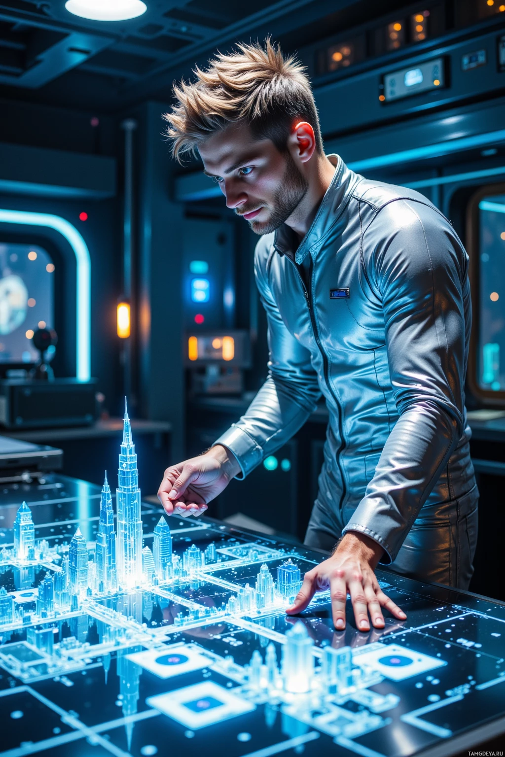 A man in a futuristic setting interacts with a holographic cityscape on a table.