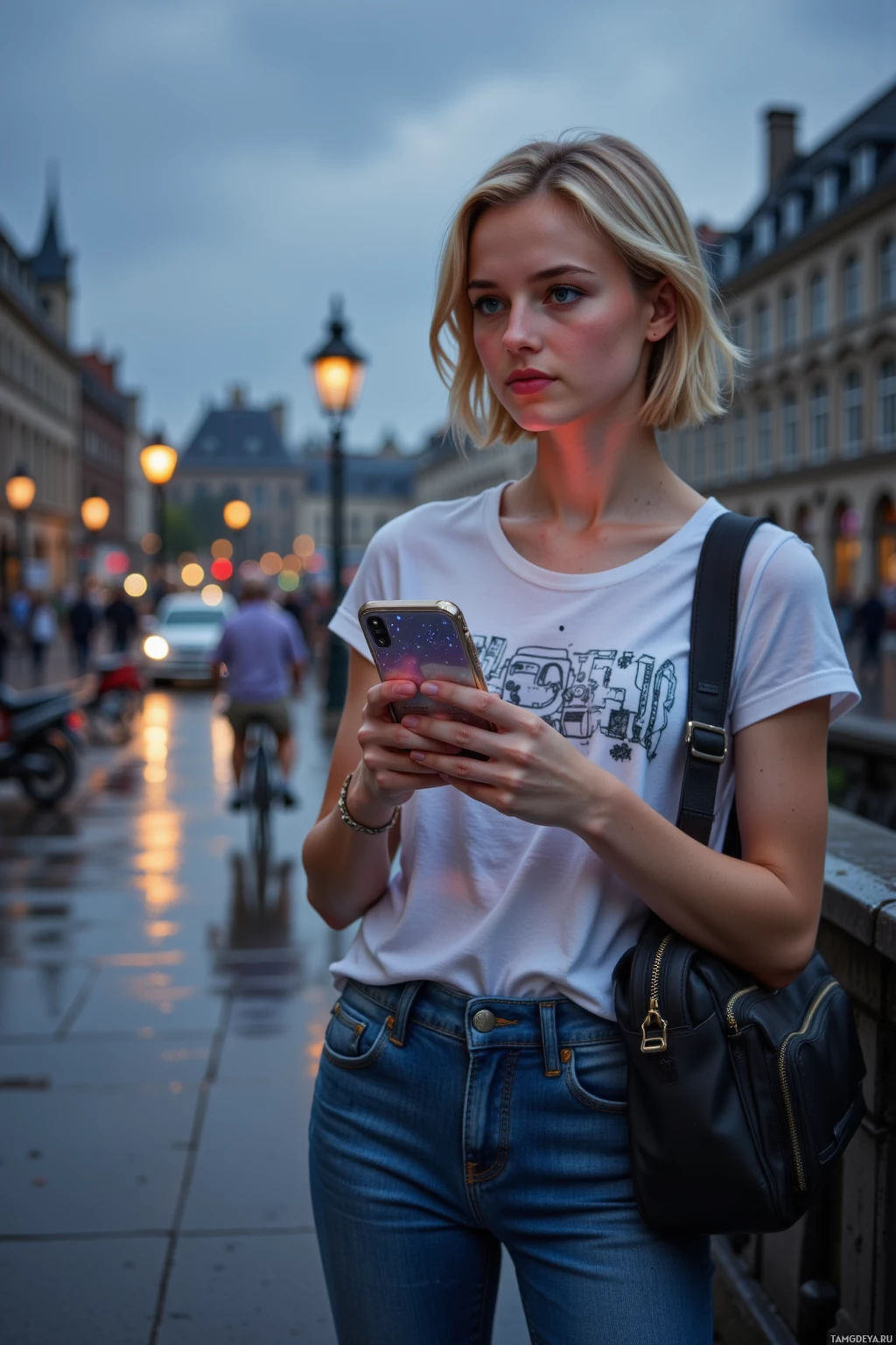 A person stands on a wet street holding a phone, with a cityscape and streetlights in the background.