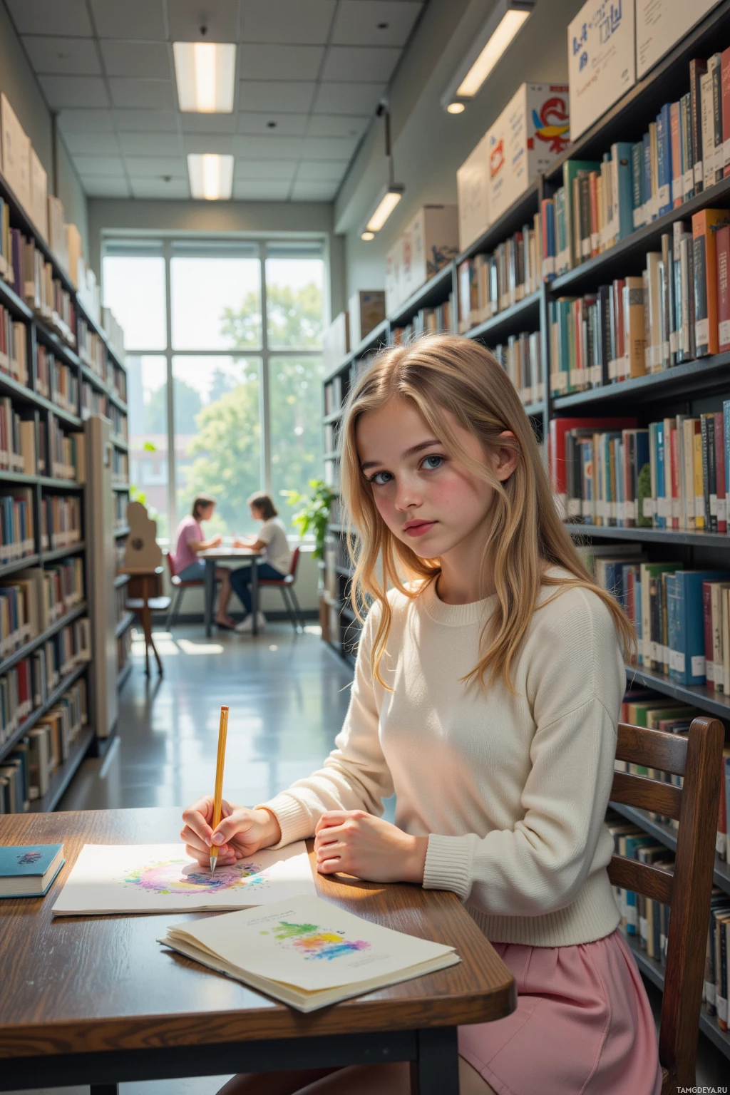 A girl sits at a table in a library, drawing with a pencil.