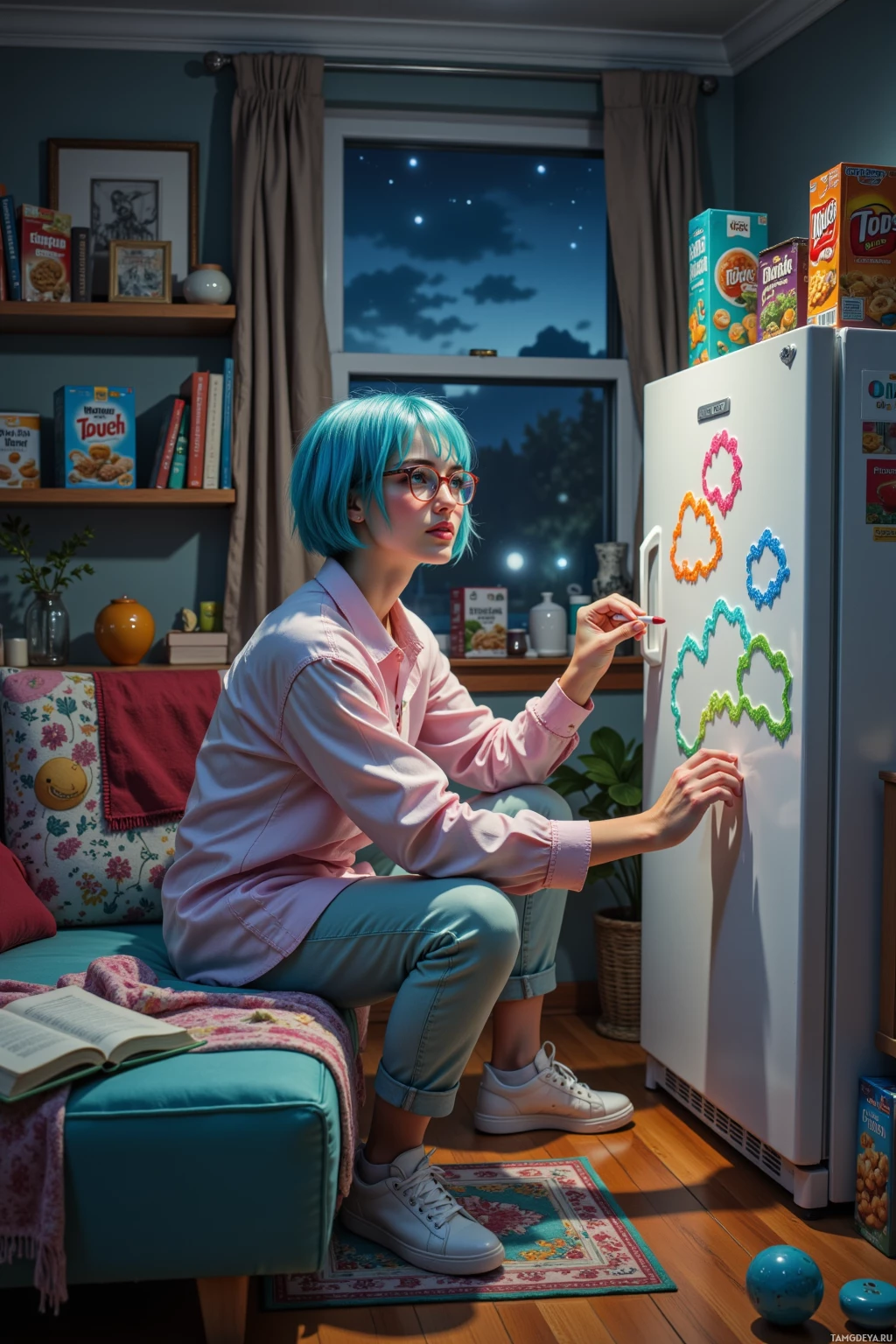 A person with blue hair sits on a couch, drawing on a refrigerator with colorful markers.