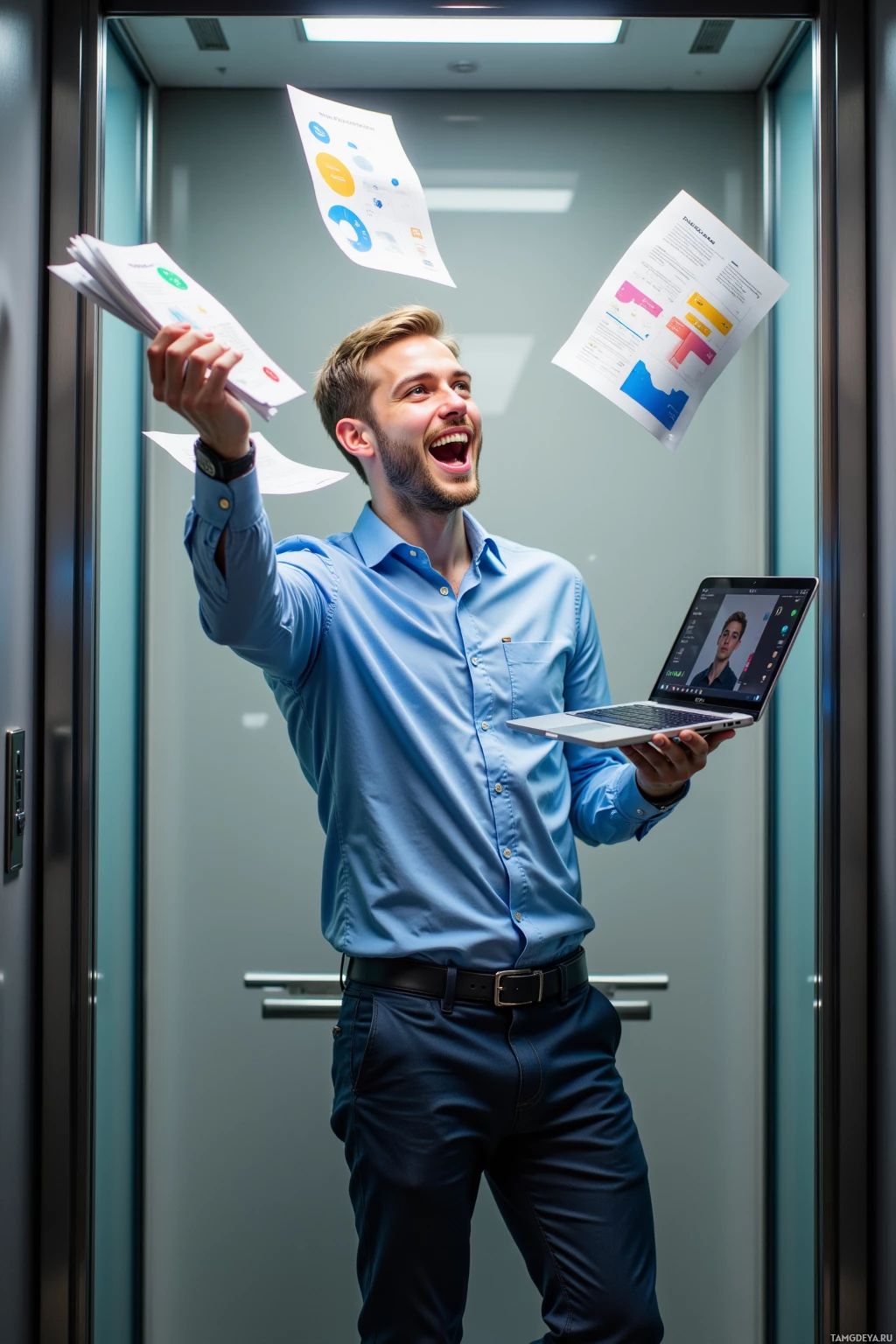A man in a blue shirt holds a laptop and throws papers in an elevator.