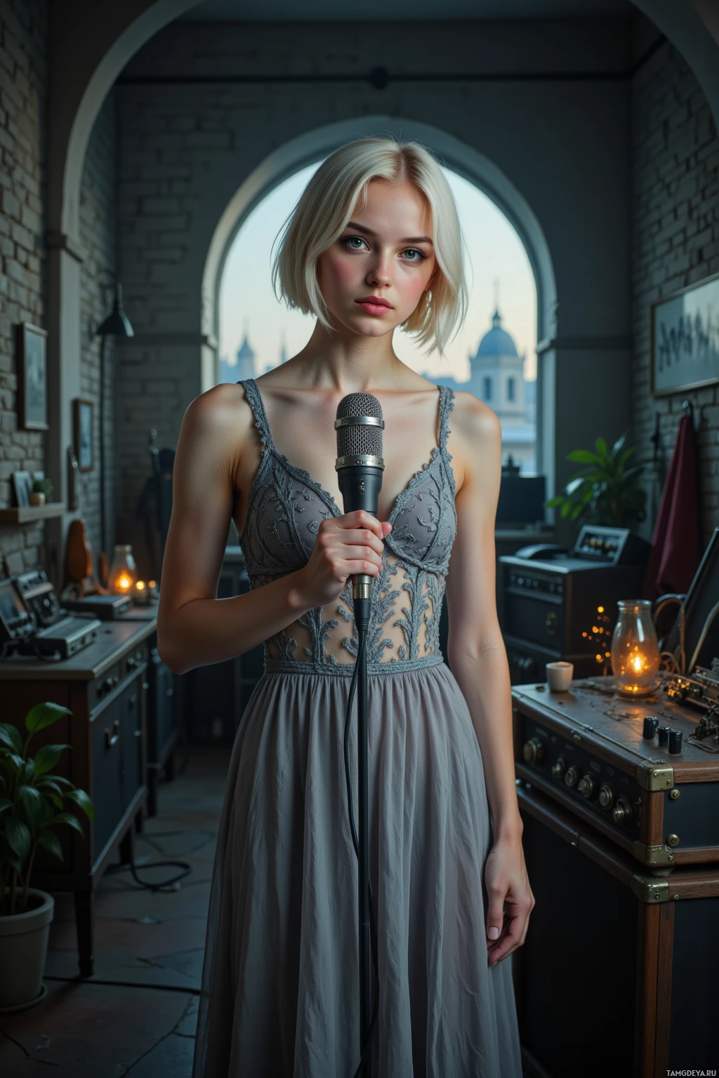 A woman in a lace dress holds a microphone in a room with arched windows and vintage decor.