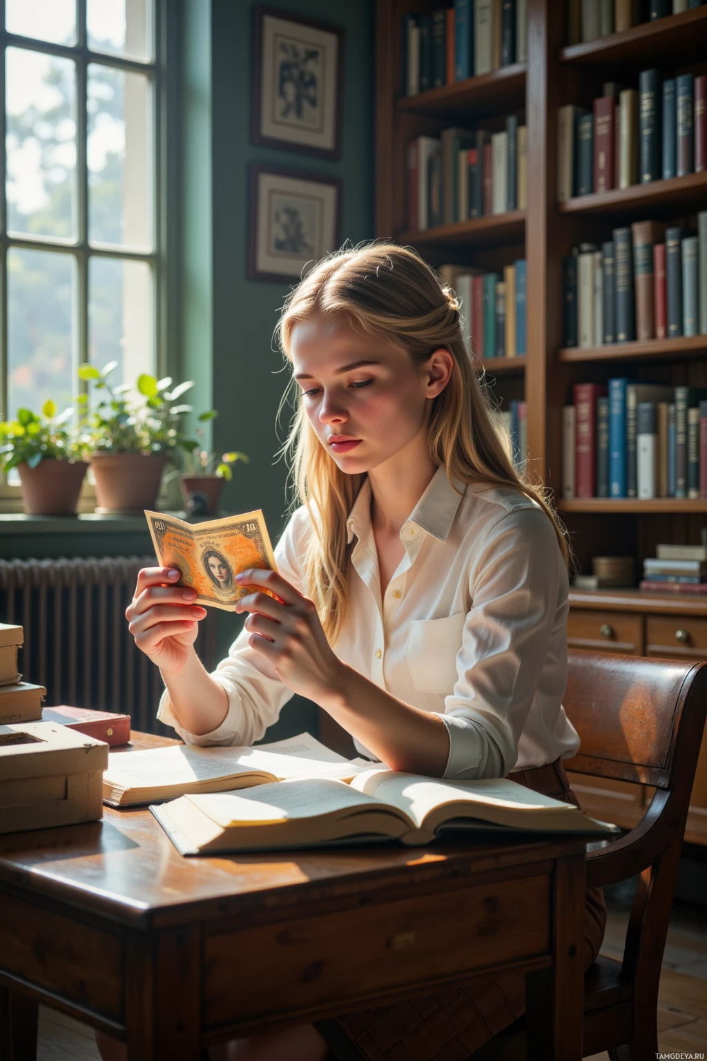 A woman is reading a book in a library with sunlight streaming through the window.