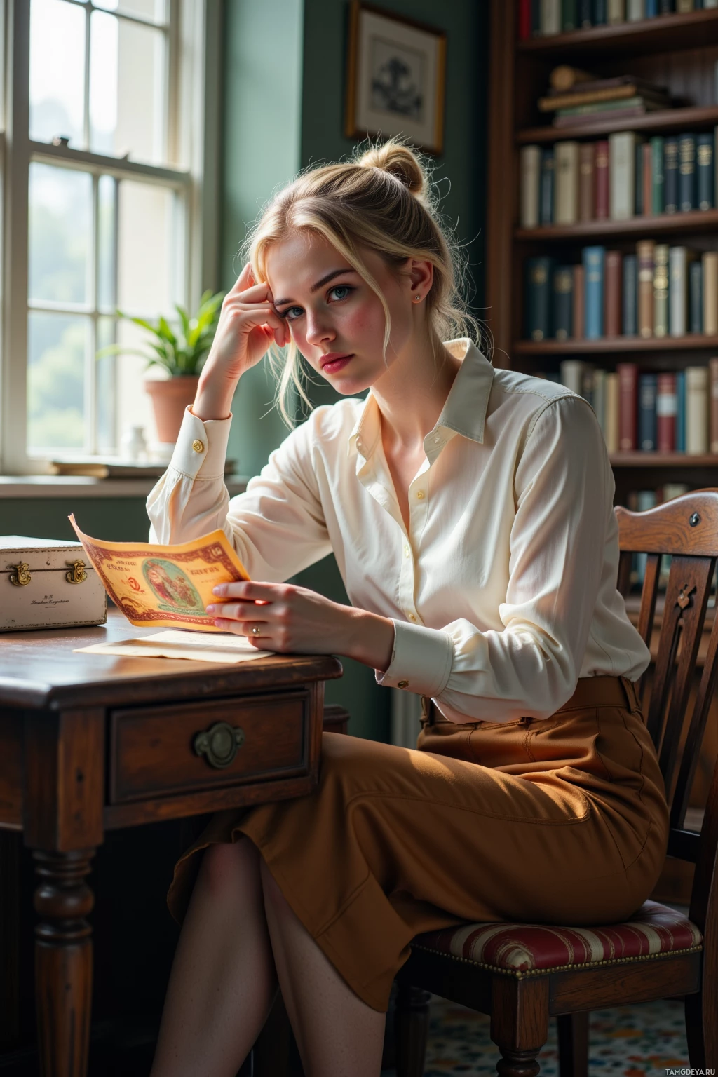 A woman in a white blouse and brown skirt sits at a wooden desk, holding a yellow document.