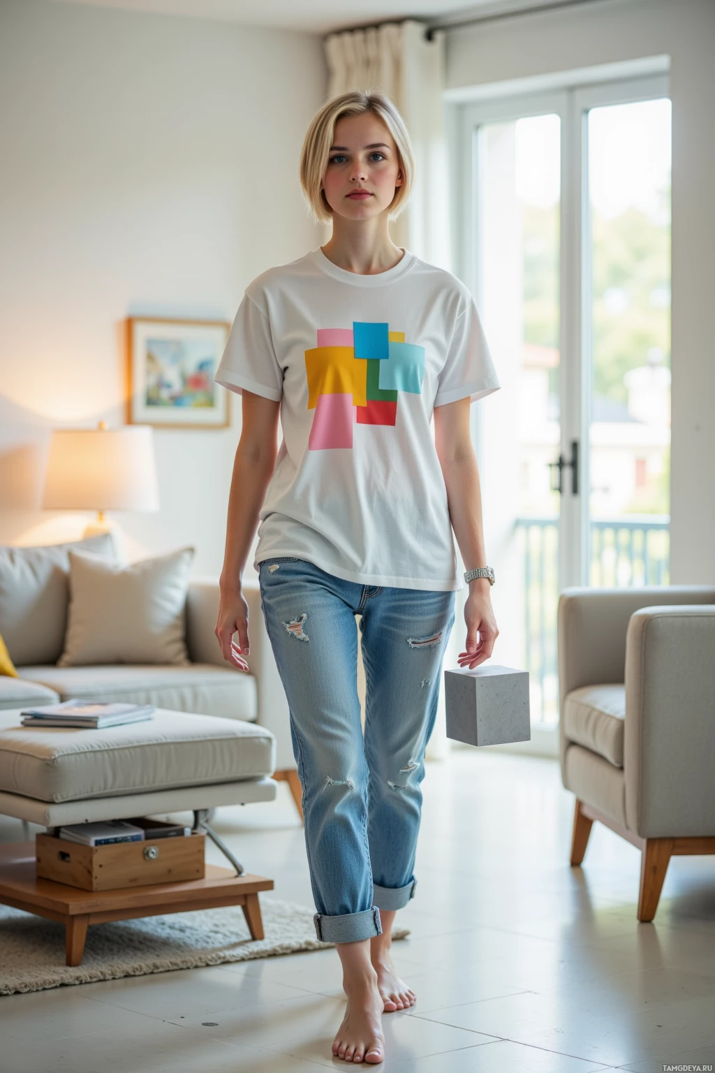 A person stands in a modern living room wearing a white T-shirt with a colorful geometric design and blue jeans, holding a small concrete block.