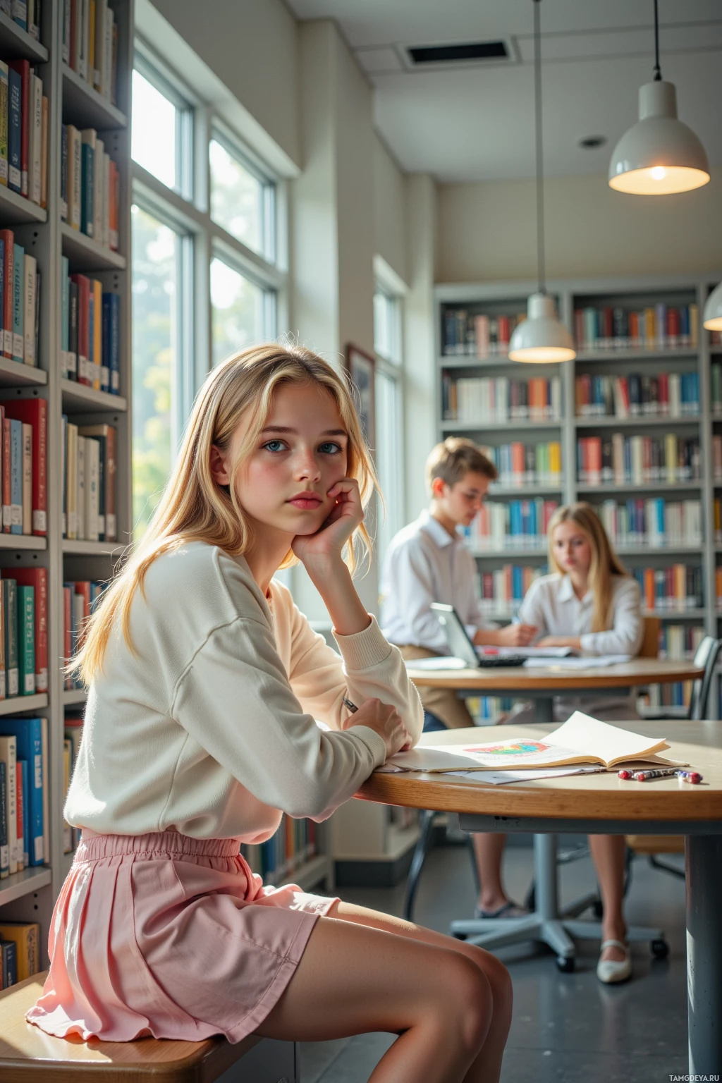 A girl sits at a desk in a library, leaning on her hand, with bookshelves and other students in the background.