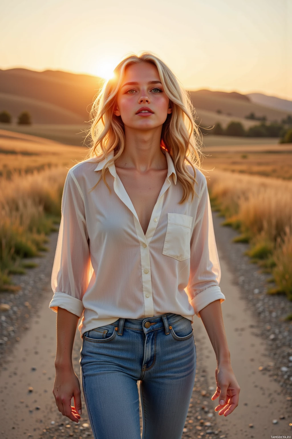 A woman in a white blouse and jeans walks along a dirt path at sunset.