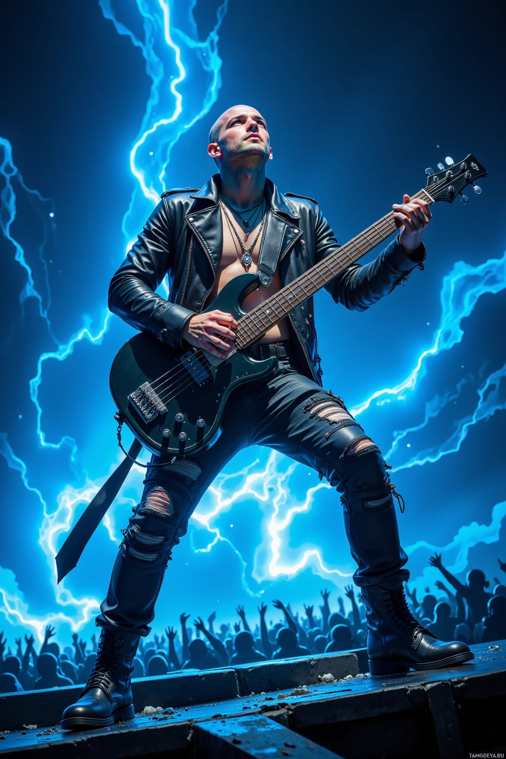 A musician in a leather jacket plays a bass guitar on stage with a crowd in the background.