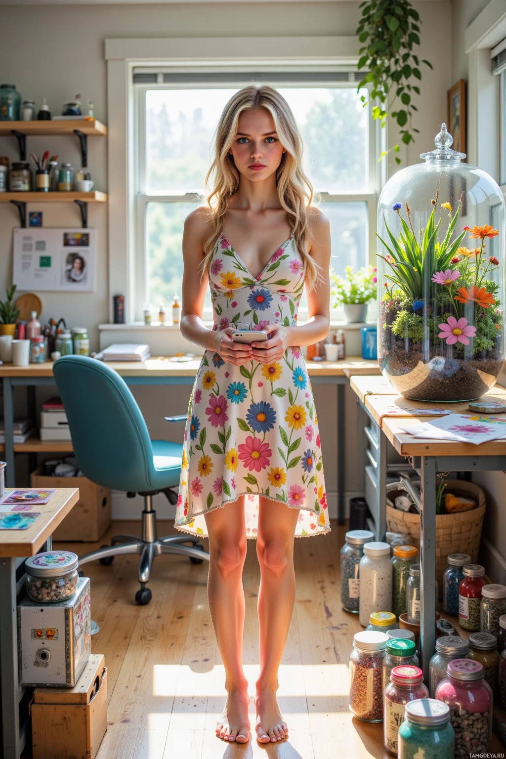 A woman stands in a sunlit room, holding a phone, wearing a floral dress.