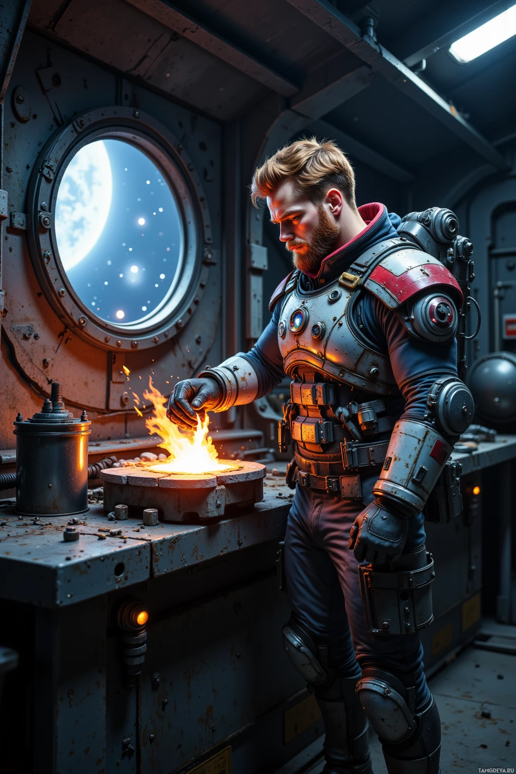 A person in futuristic armor stands near a glowing fire, inside a metallic spacecraft.
