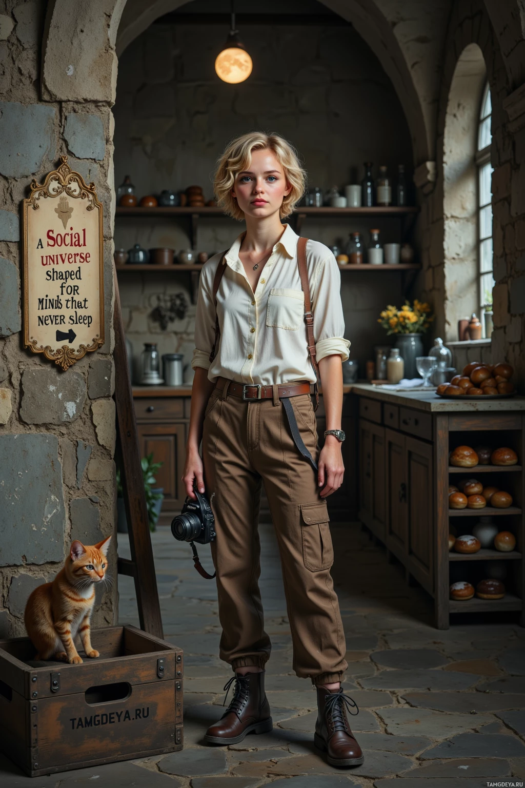 A person stands in a rustic kitchen holding a camera, with a cat sitting in a crate nearby.