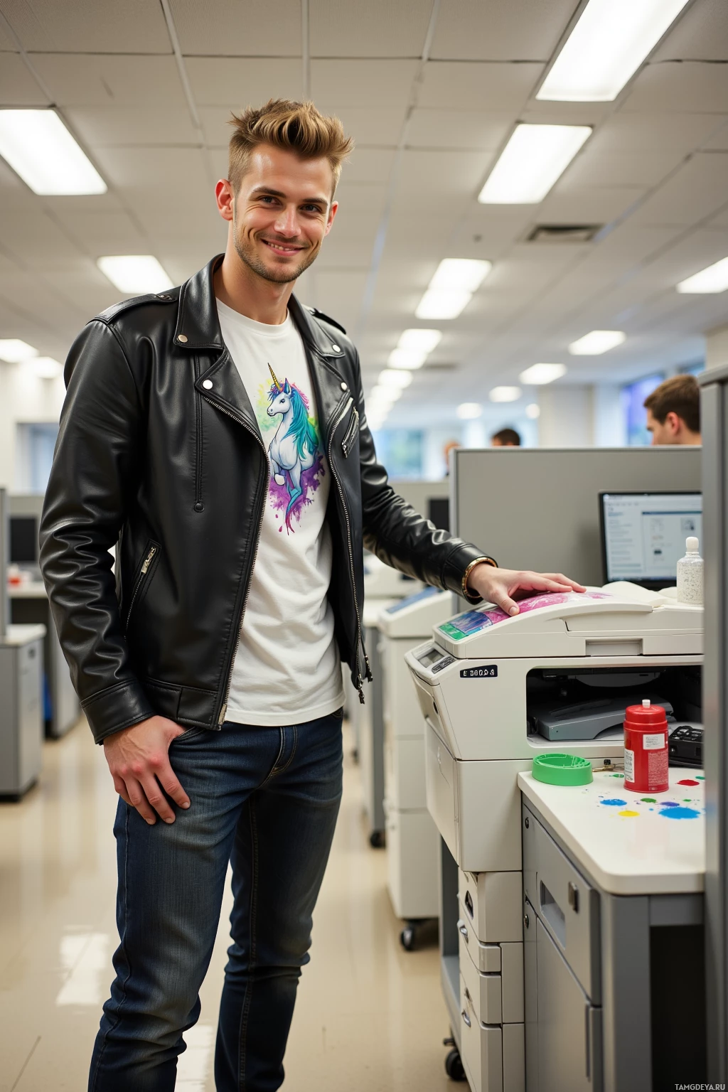 A man in a leather jacket and unicorn t-shirt stands in an office setting.