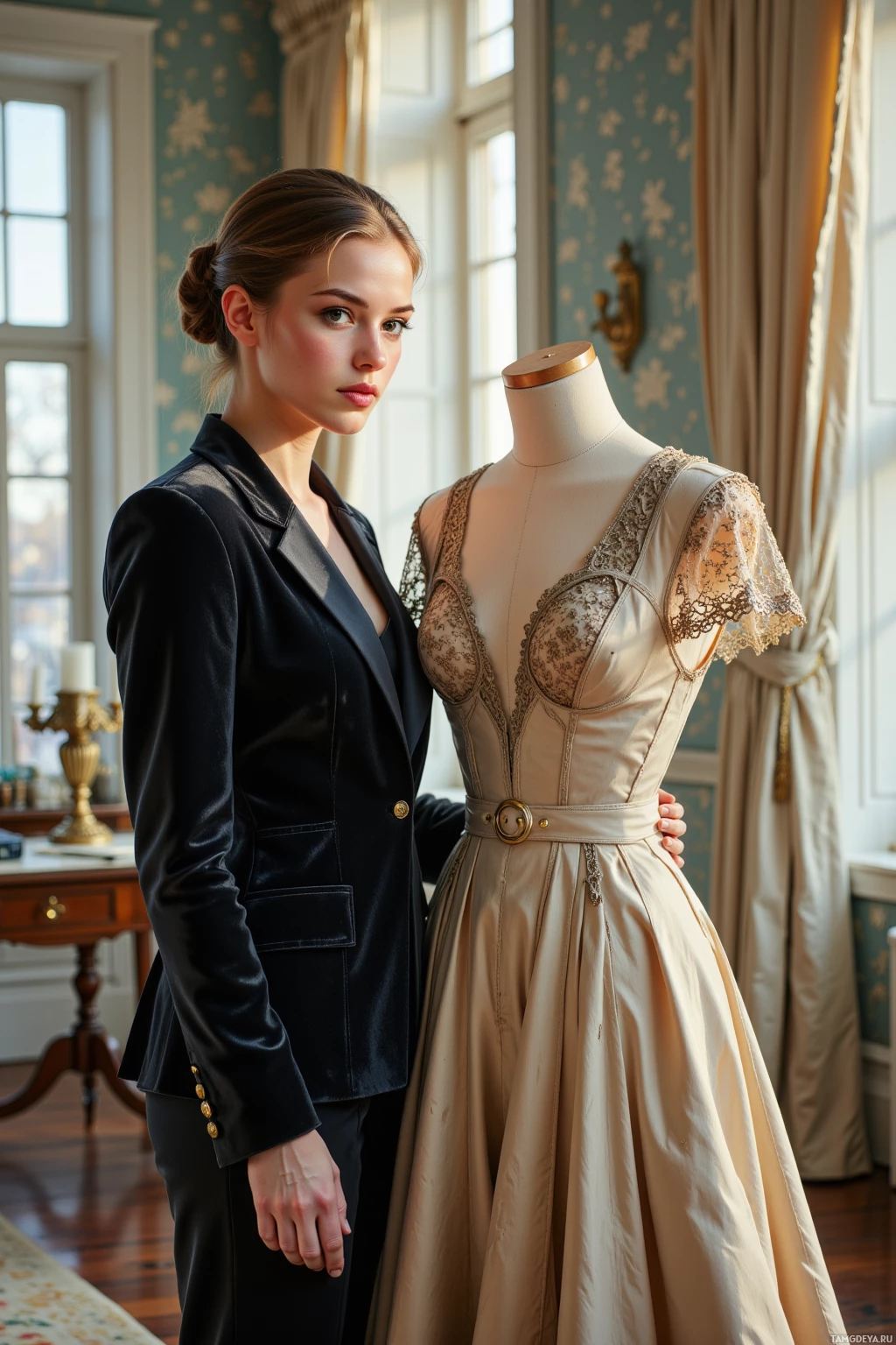 A woman stands beside a mannequin in an elegant room, showcasing a vintage-style dress.