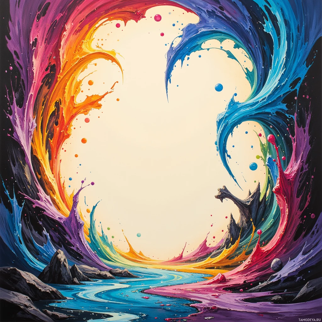 A vibrant, abstract painting featuring swirling colors and a central light source.