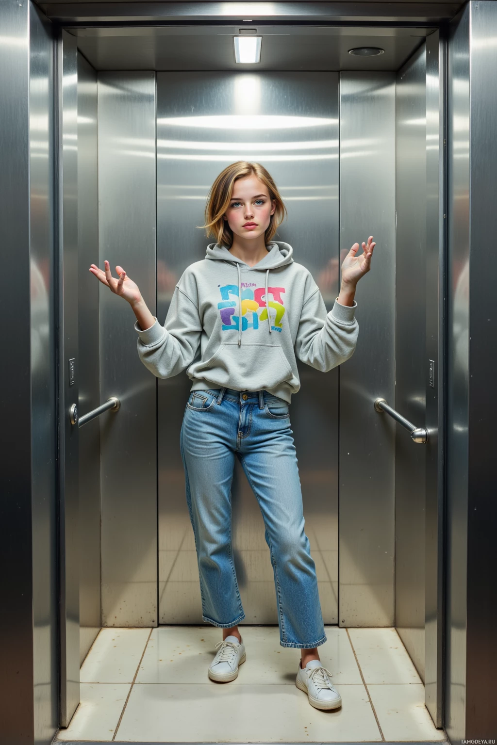 A person stands in an elevator wearing a hoodie and jeans.
