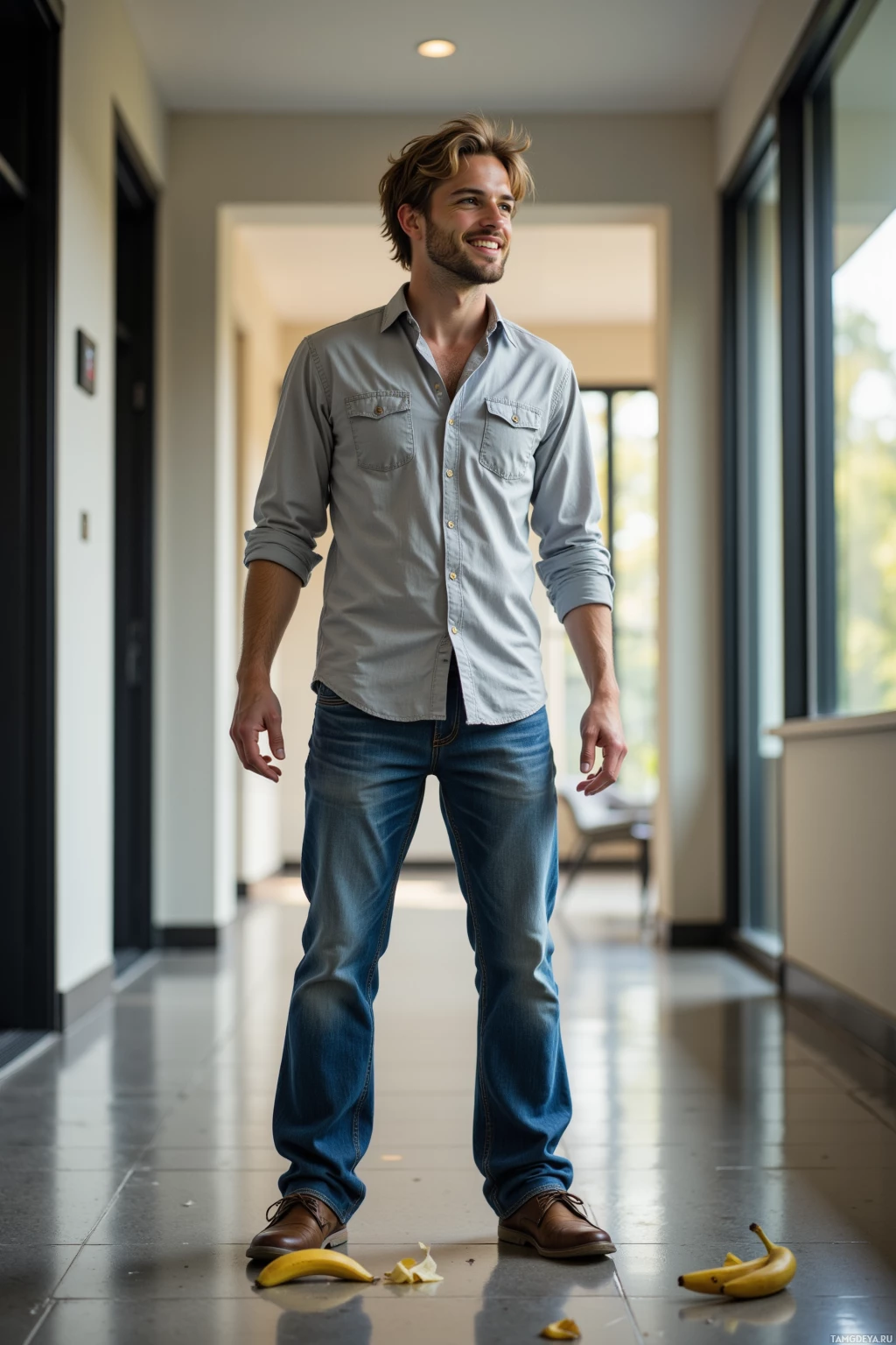 A man stands in a hallway, smiling, with a banana peel on the floor.