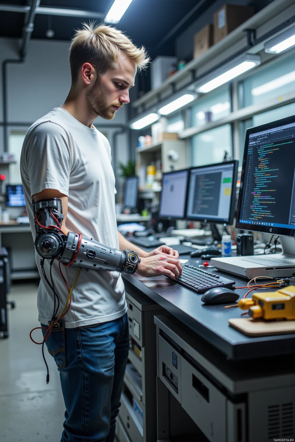 A person with a robotic arm stands at a desk in a workspace, looking at computer screens.