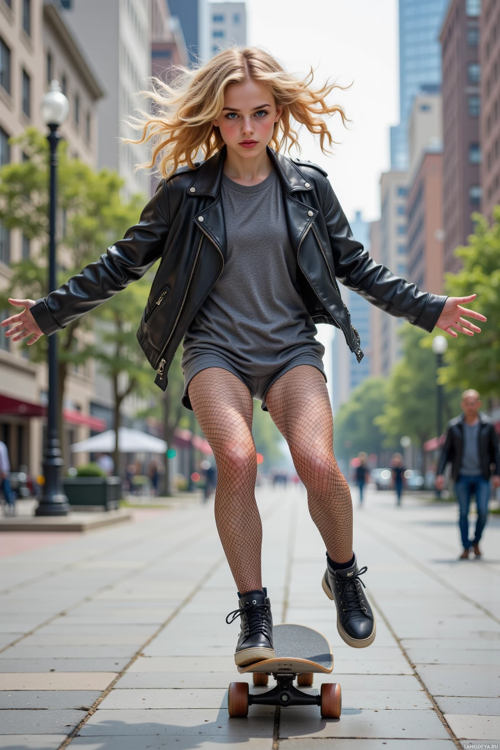 A person skateboarding on a city sidewalk.