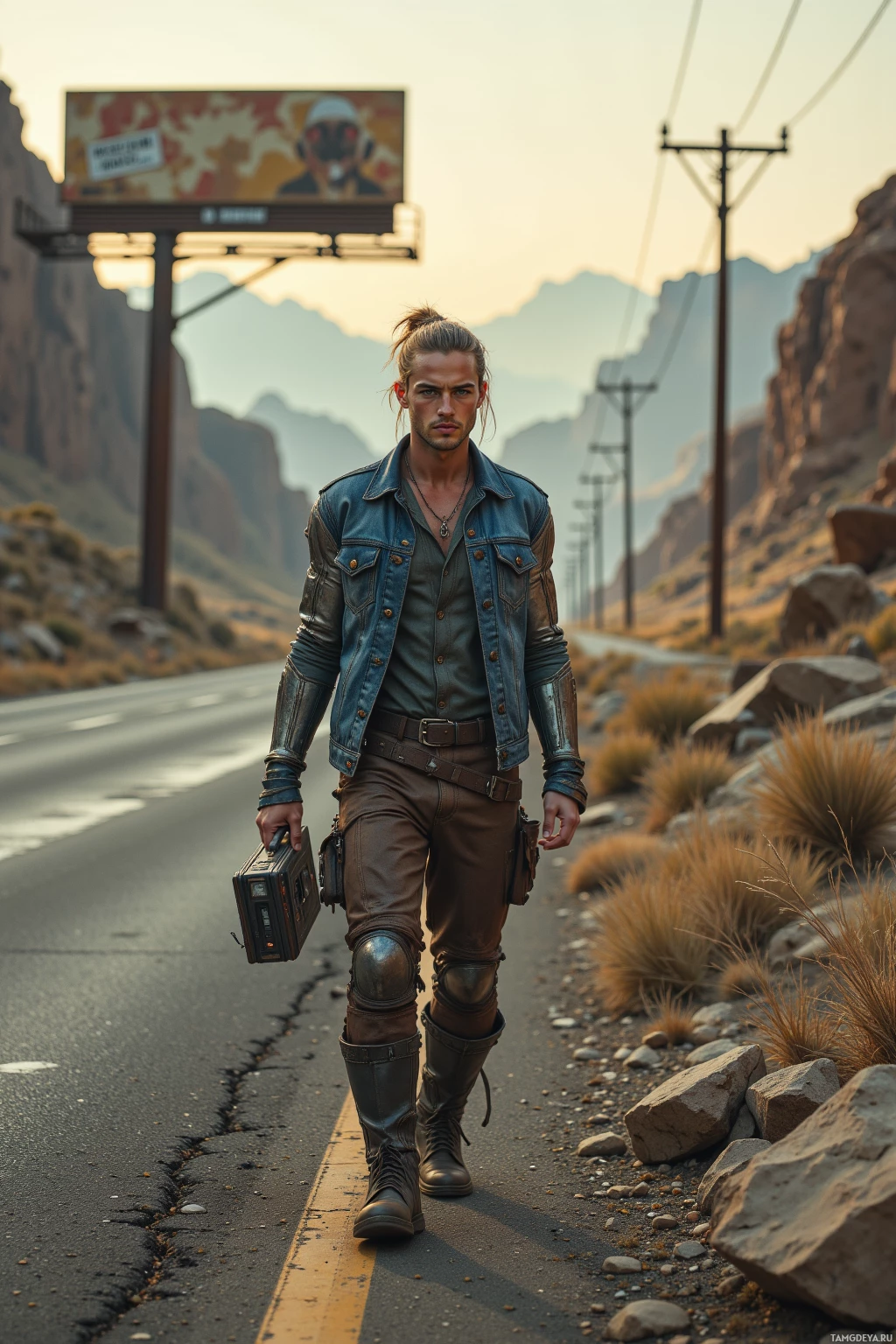 A man in a rugged outfit walks along a desert road, carrying a briefcase.