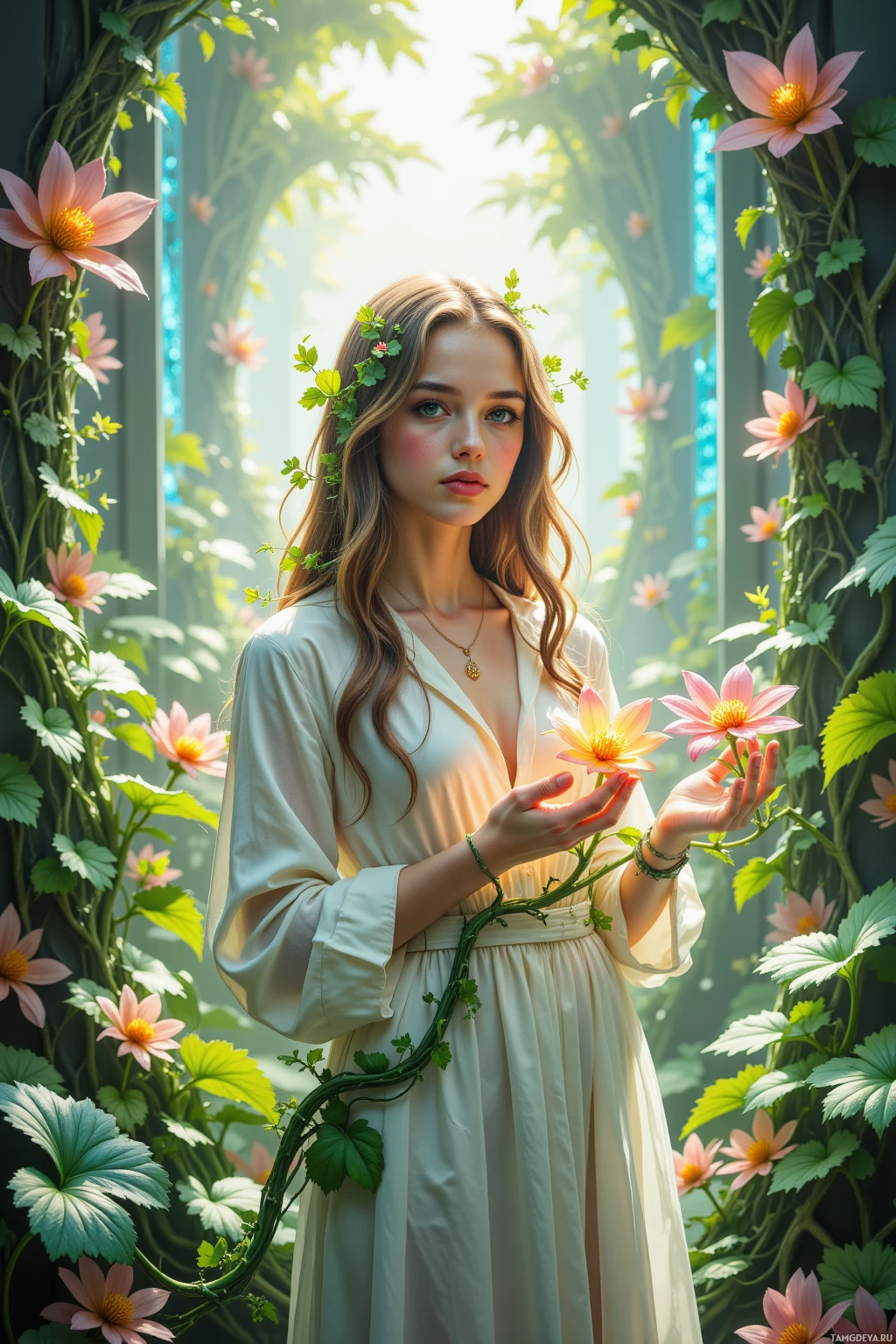 A woman in a white dress stands amidst lush greenery and pink flowers.