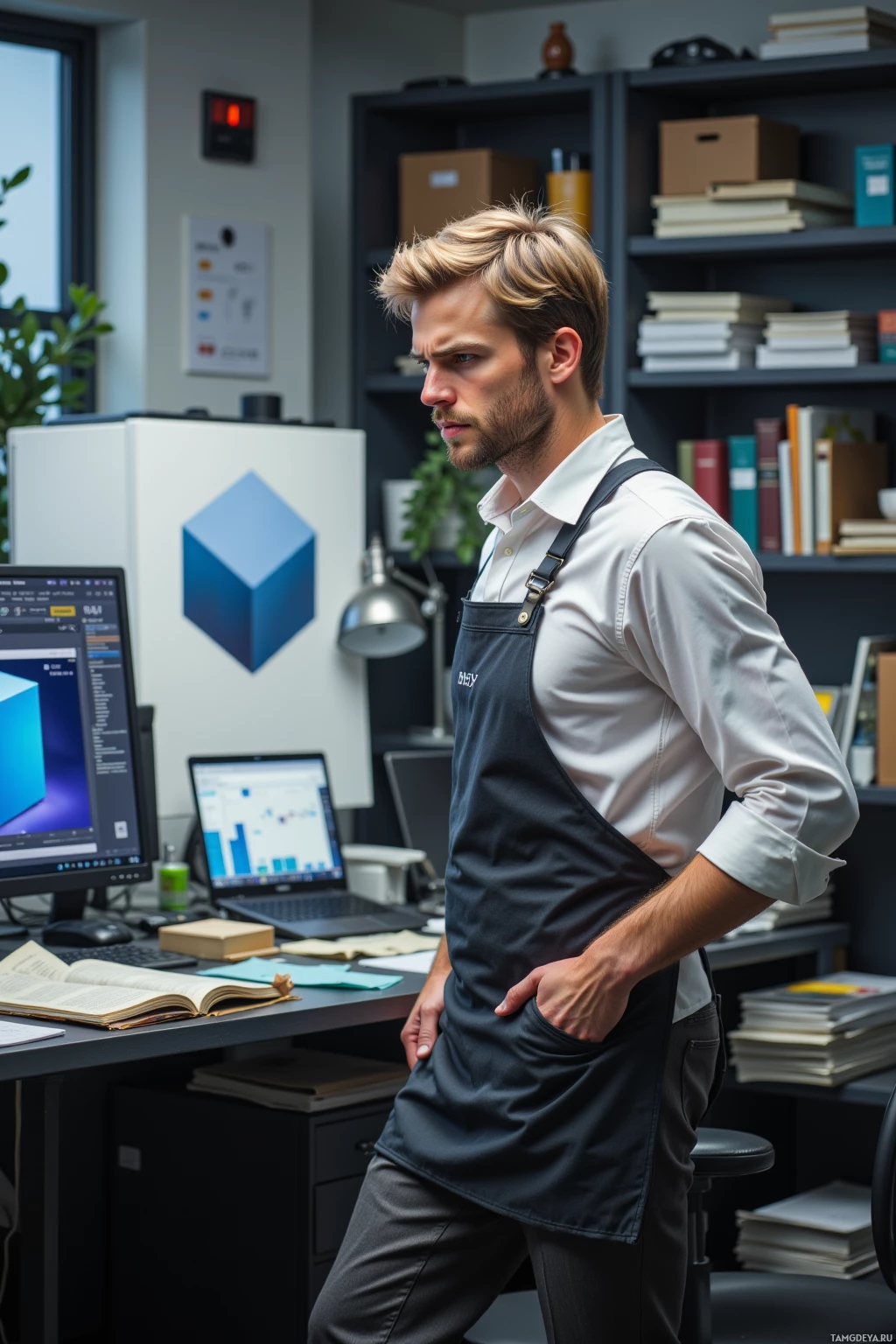 A man in an apron stands in an office with a computer and shelves in the background.