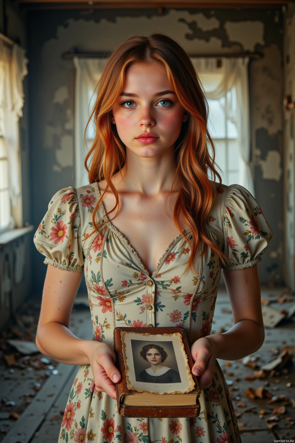 A young woman in a floral dress holds an old photograph in a rustic setting.