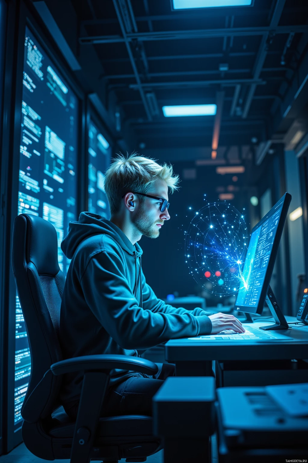 A person in a hoodie works at a computer in a dimly lit room with glowing screens and holographic elements.