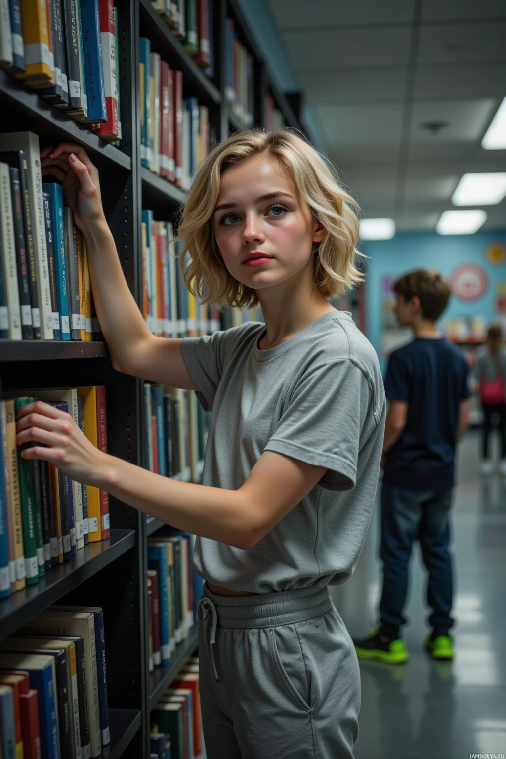 A young person in a library, leaning against a bookshelf.